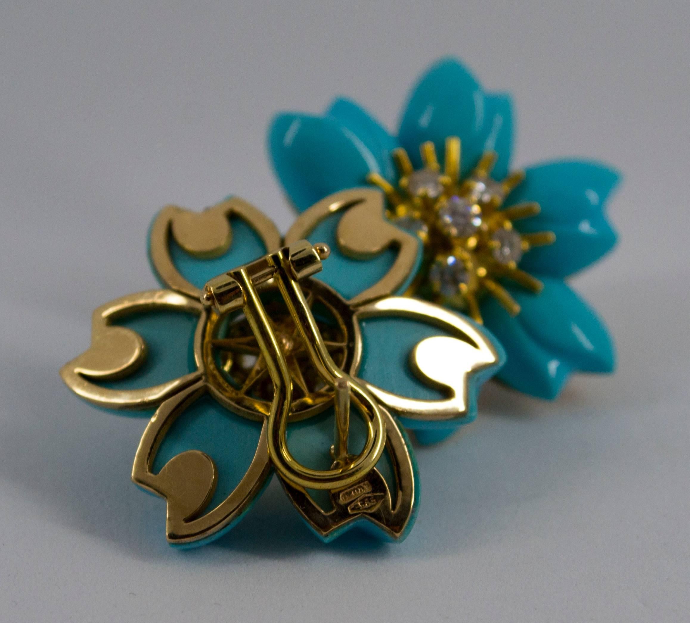 Turquoise 0.78 Carat White Diamond Yellow Gold Flower Dangle Clip-On Earrings 3