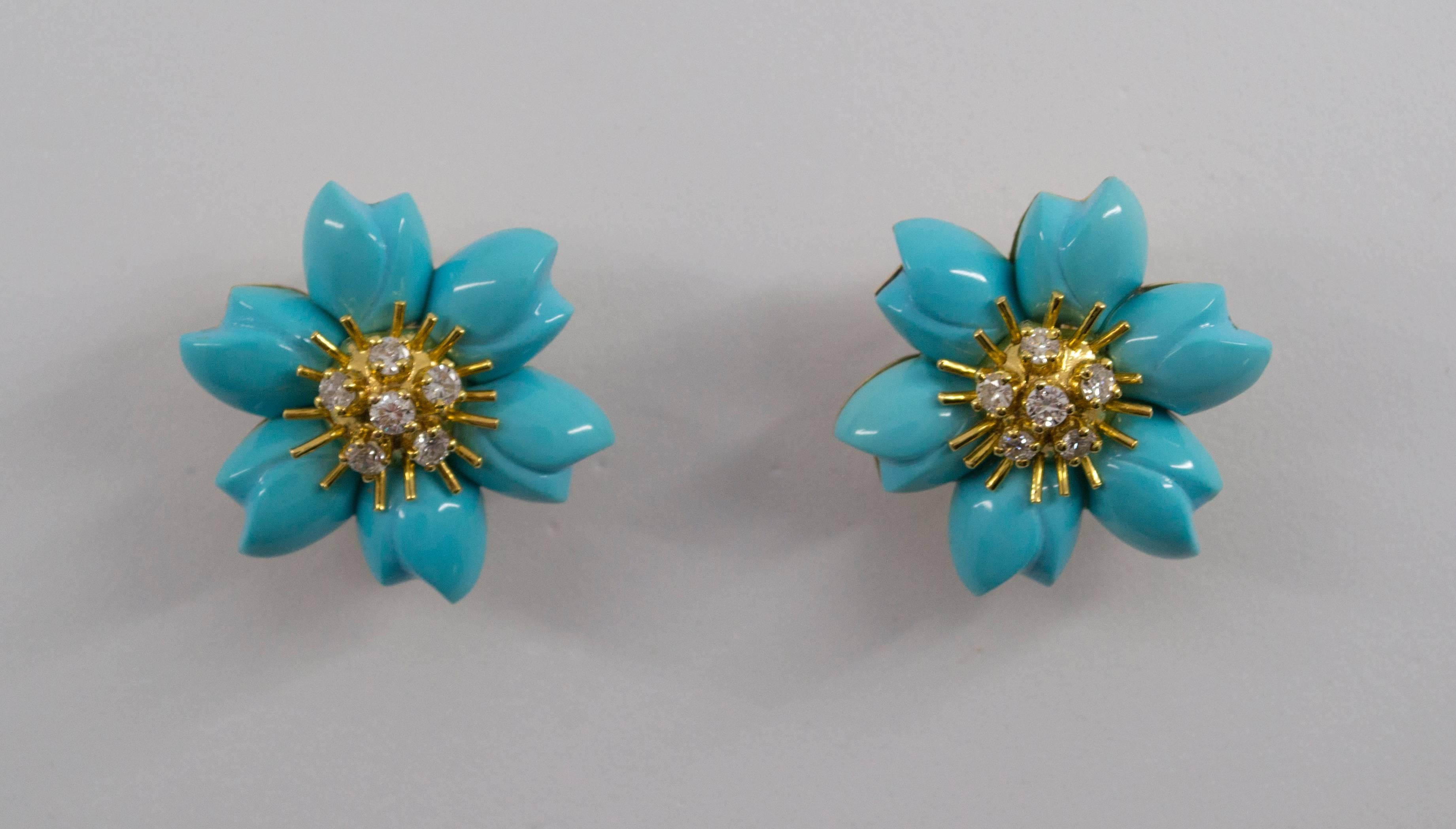 Women's or Men's Turquoise 0.78 Carat White Diamond Yellow Gold Flower Dangle Clip-On Earrings