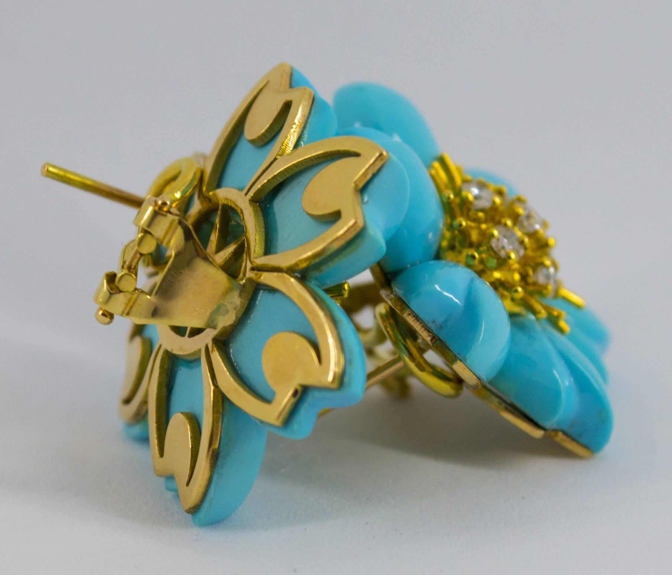 Turquoise 0.78 Carat White Diamond Yellow Gold Flower Dangle Clip-On Earrings 4