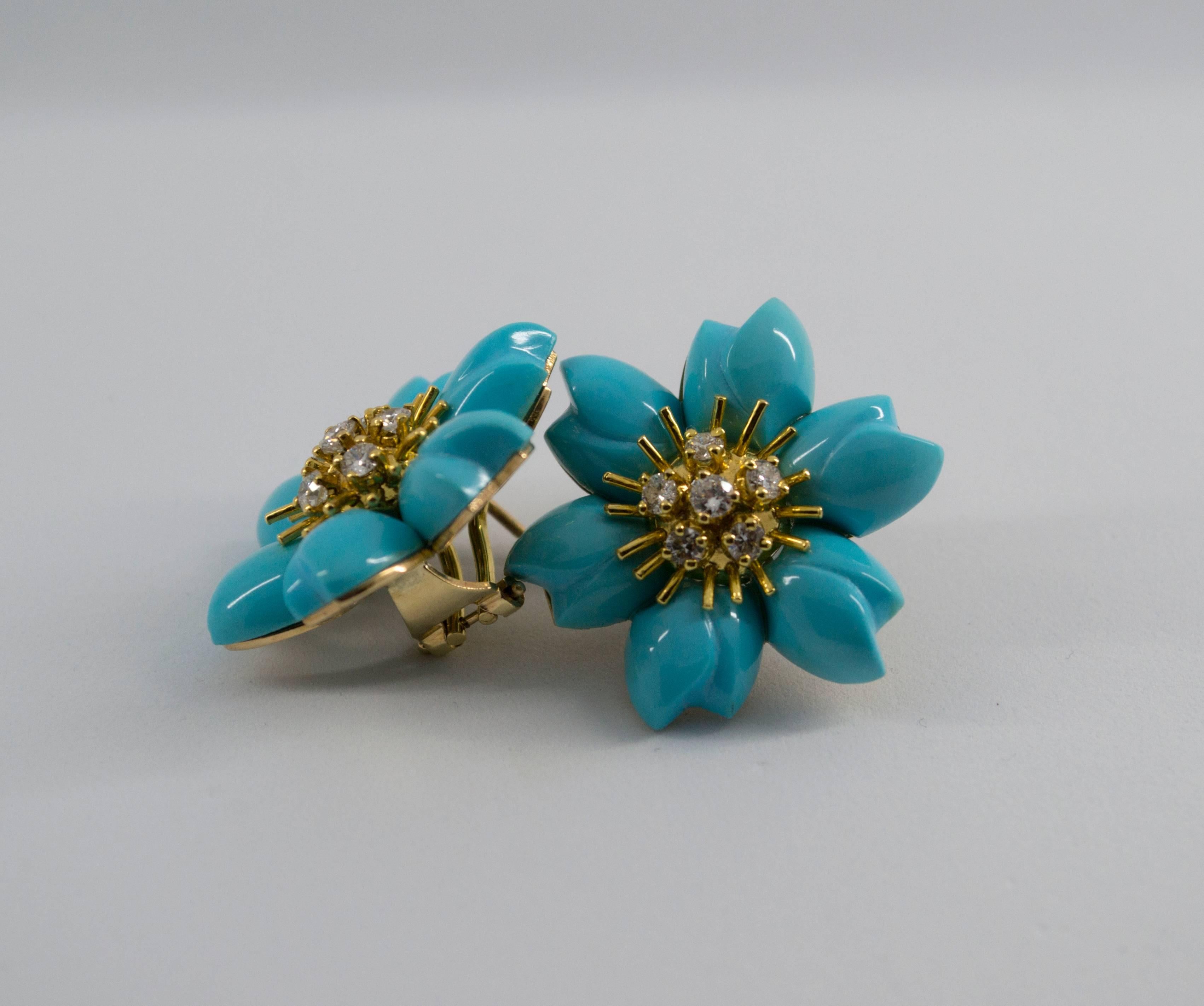 Turquoise 0.78 Carat White Diamond Yellow Gold Flower Dangle Clip-On Earrings 1
