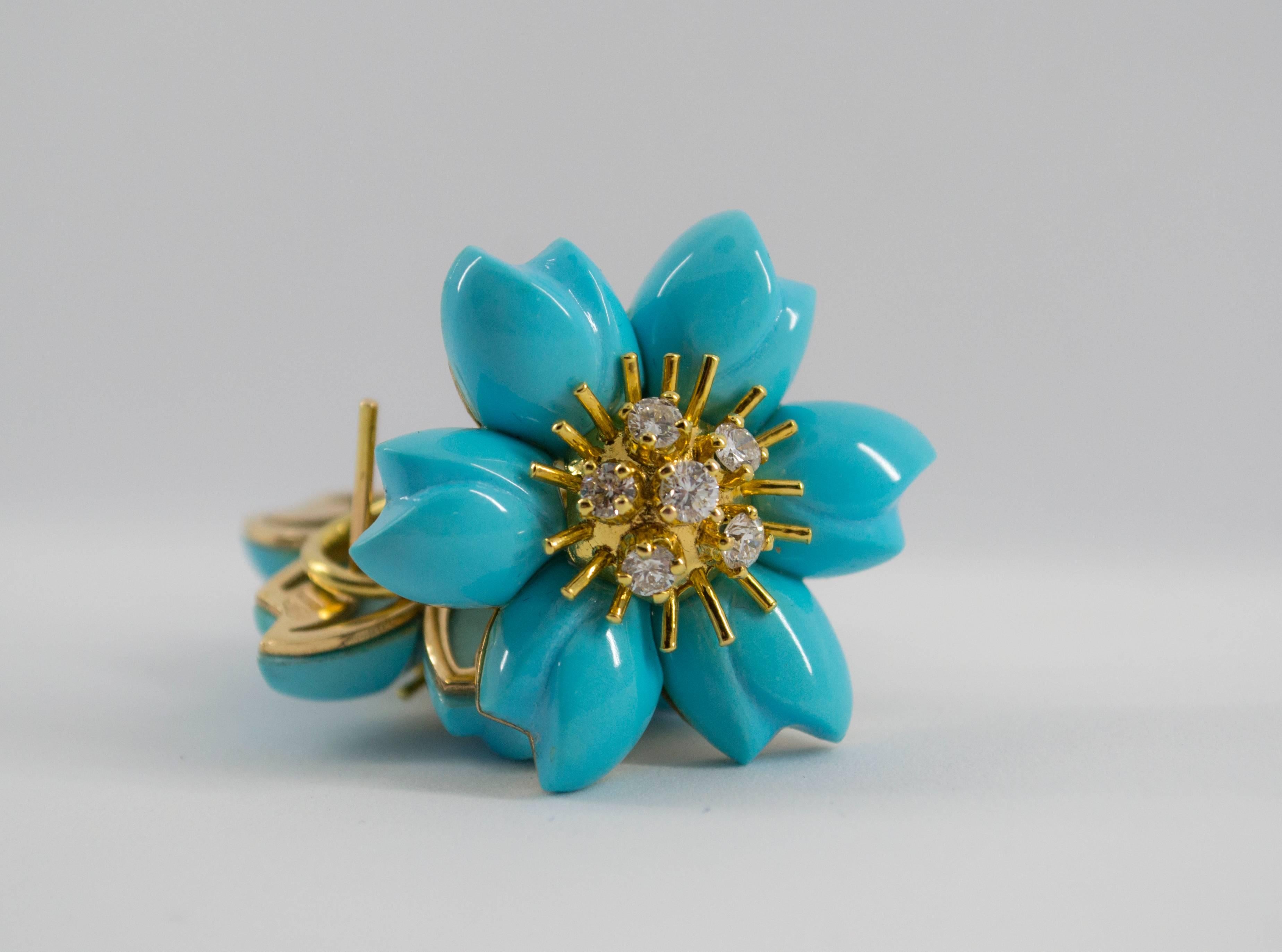 Turquoise 0.78 Carat White Diamond Yellow Gold Flower Dangle Clip-On Earrings 2
