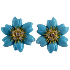 Turquoise 0.78 Carat White Diamond Yellow Gold Flower Dangle Clip-On Earrings