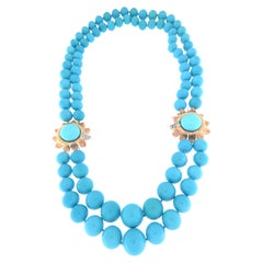 Turquoise 14 Karat White And Yellow Gold Clasp Multi-Strands Necklace