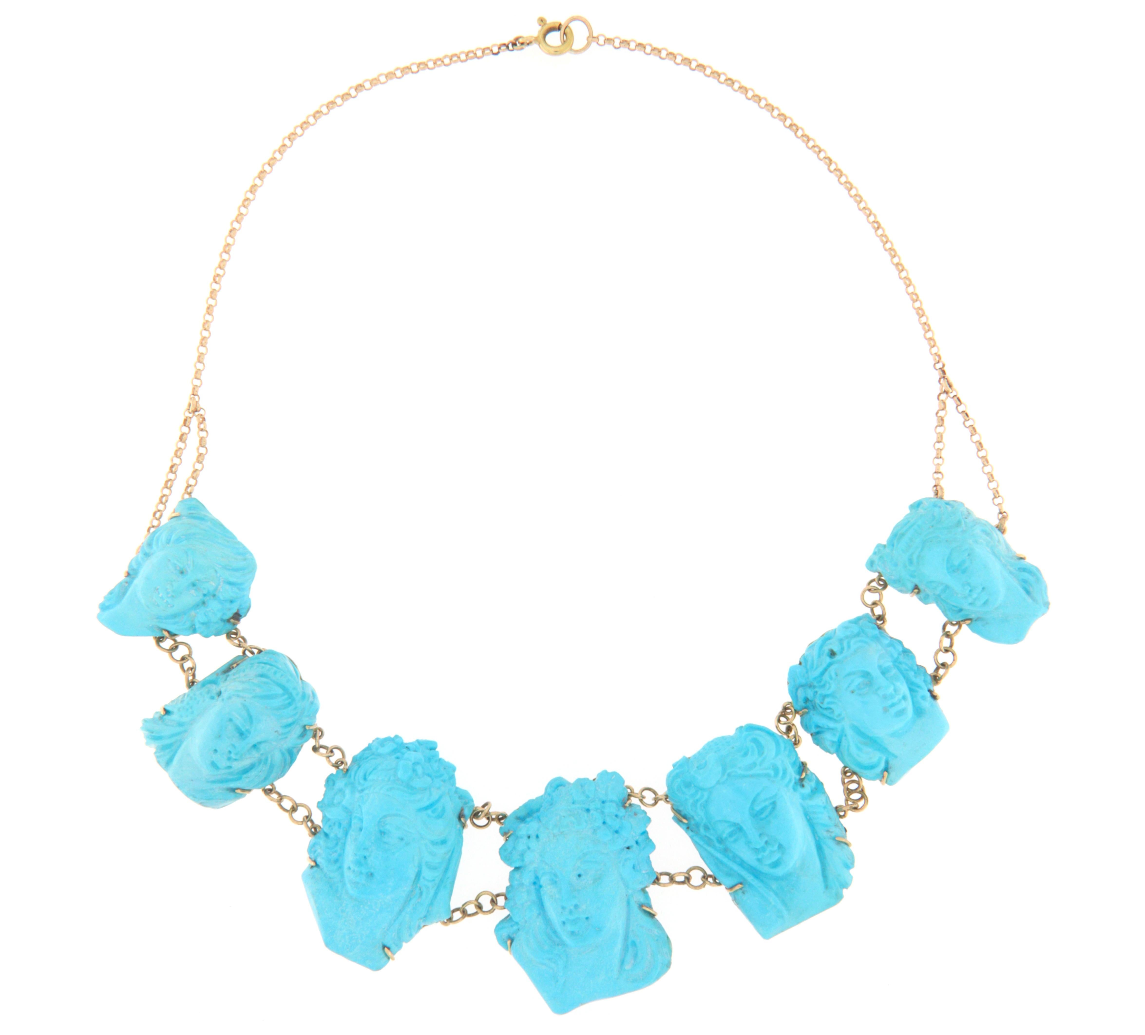 Artisan Turquoise 14 Karat Yellow Gold Choker Necklace For Sale