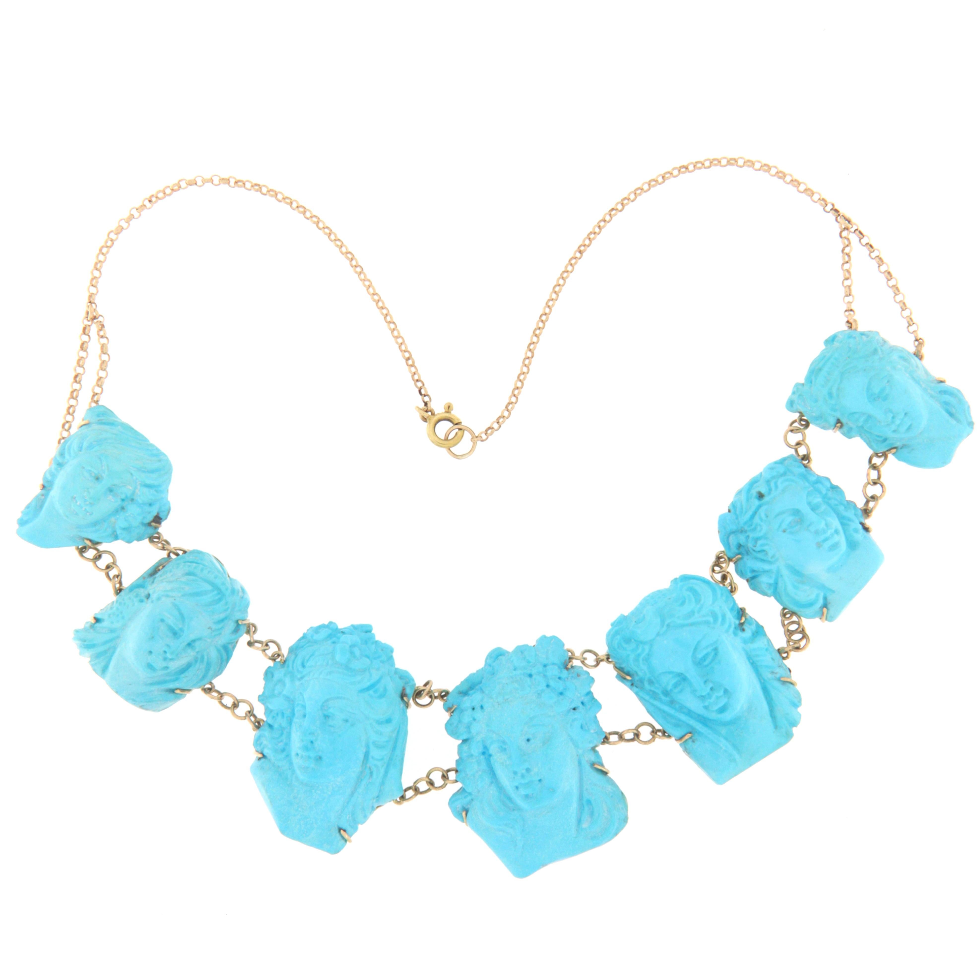 Uncut Turquoise 14 Karat Yellow Gold Choker Necklace For Sale