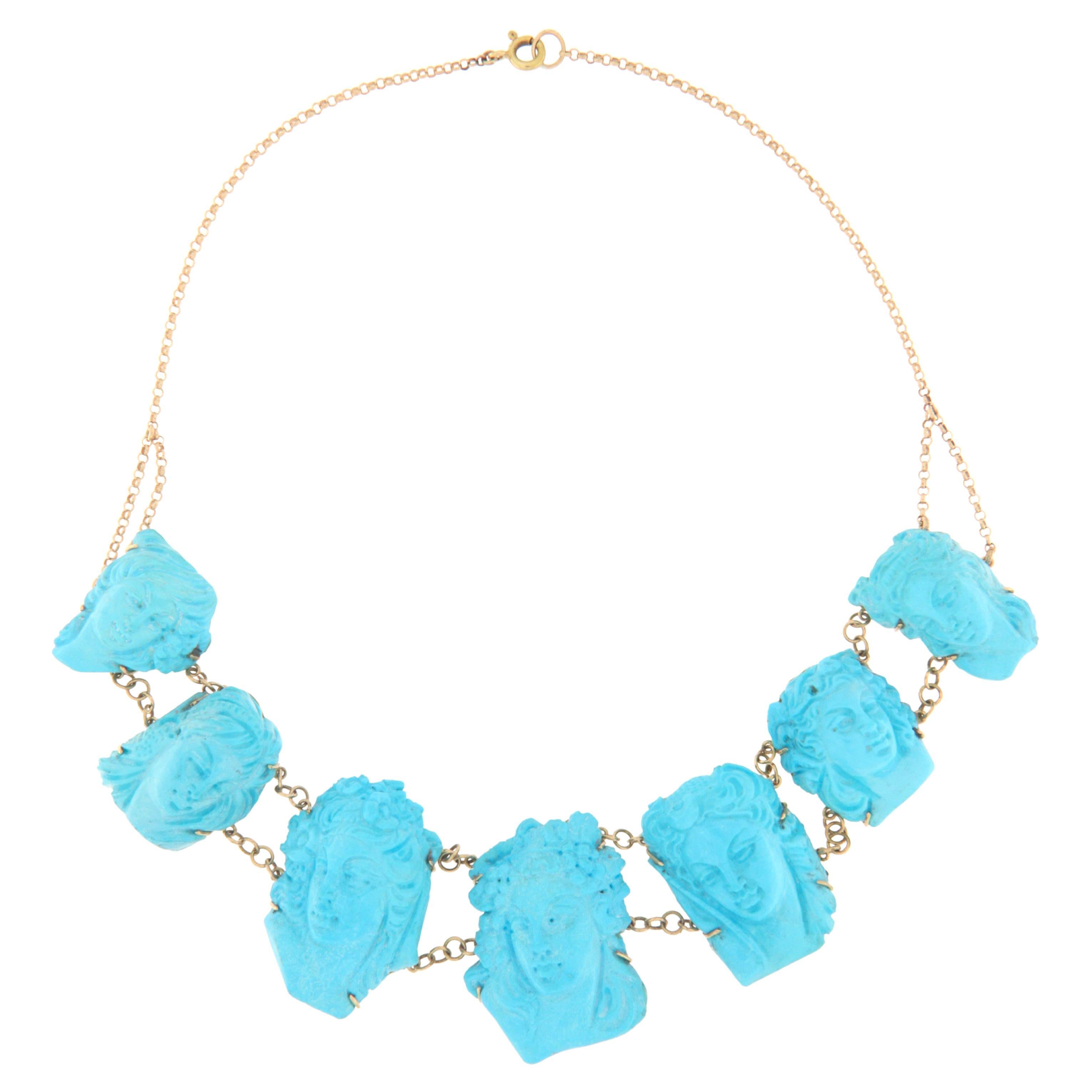 Collier ras du cou en or jaune 14 carats et turquoise