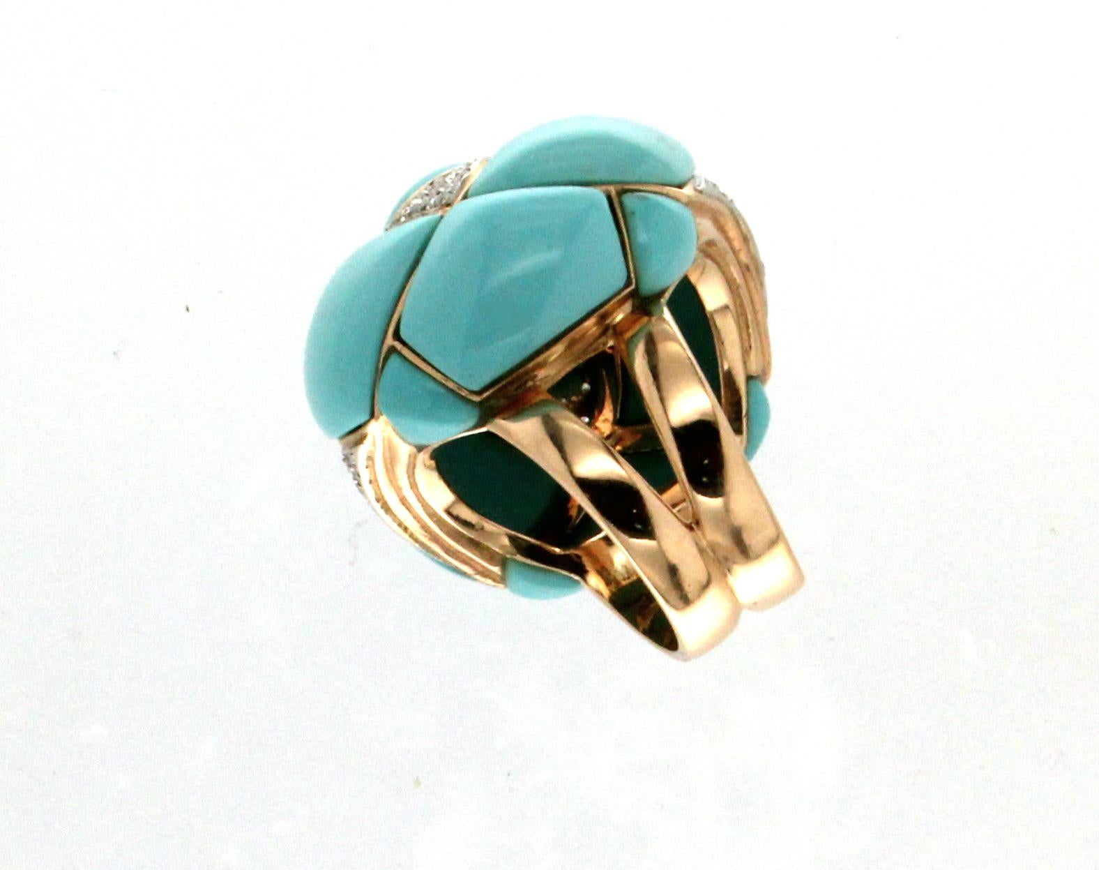 Turquoise 14 karat Yellow Gold Diamonds Cocktail Ring In New Condition In Marcianise, IT