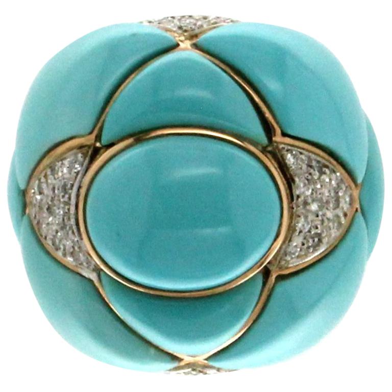 Turquoise 14 karat Yellow Gold Diamonds Cocktail Ring