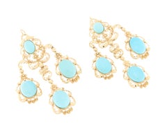 Vintage 14K Yellow Gold Natural Turquoise Drop Earring, Artisan Design, Italy