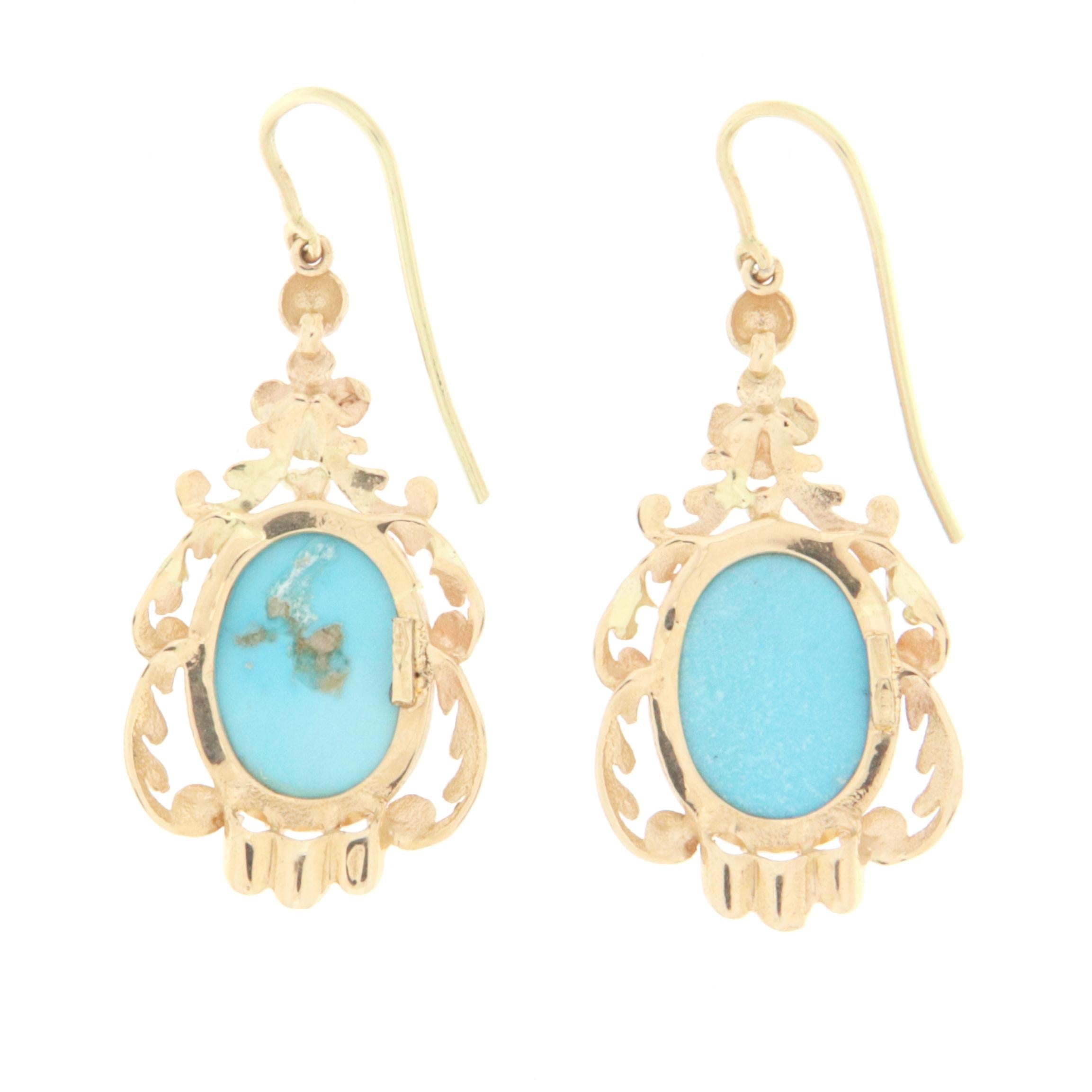 Artisan Turquoise 14 Karat Yellow Gold Drop Earrings For Sale