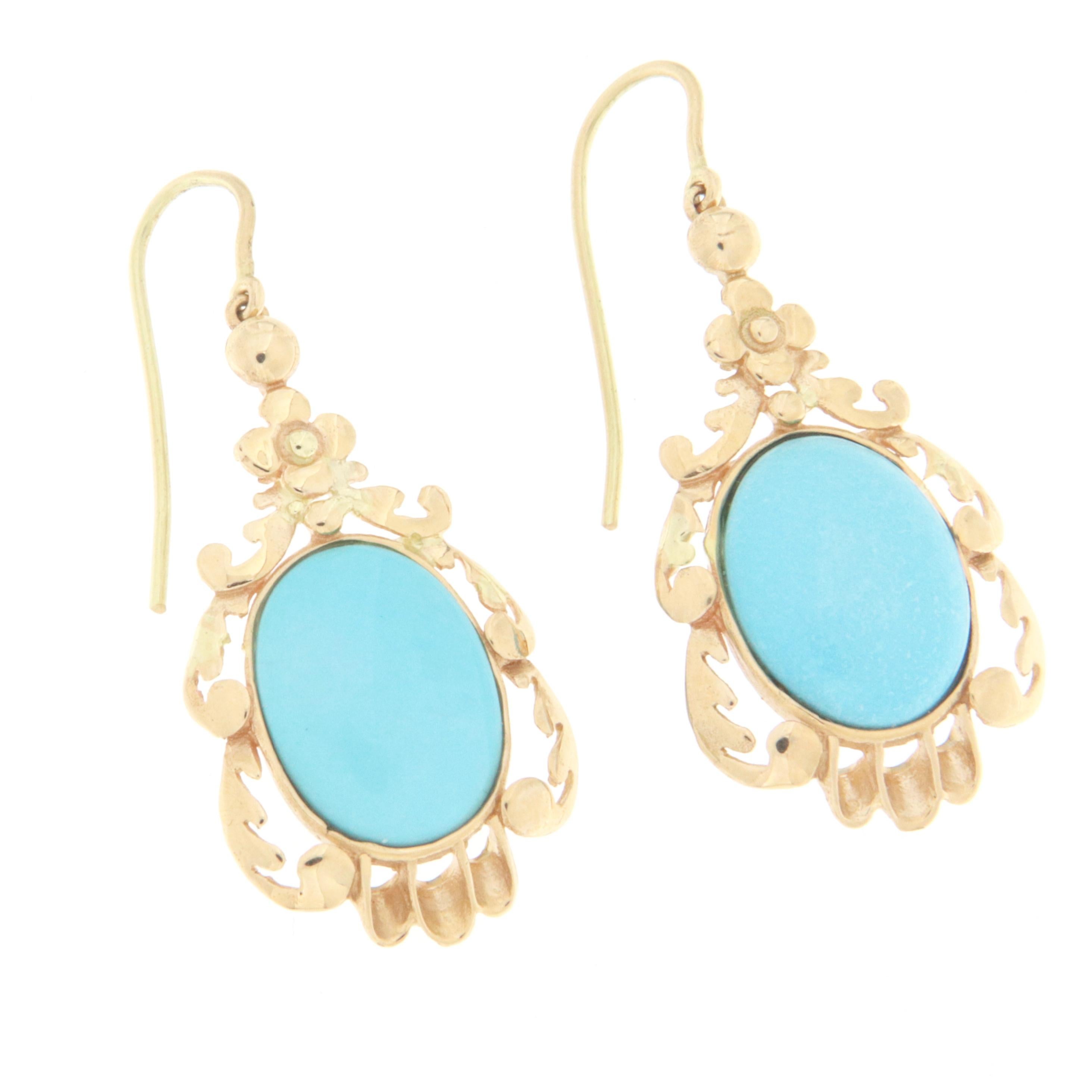 Uncut Turquoise 14 Karat Yellow Gold Drop Earrings For Sale