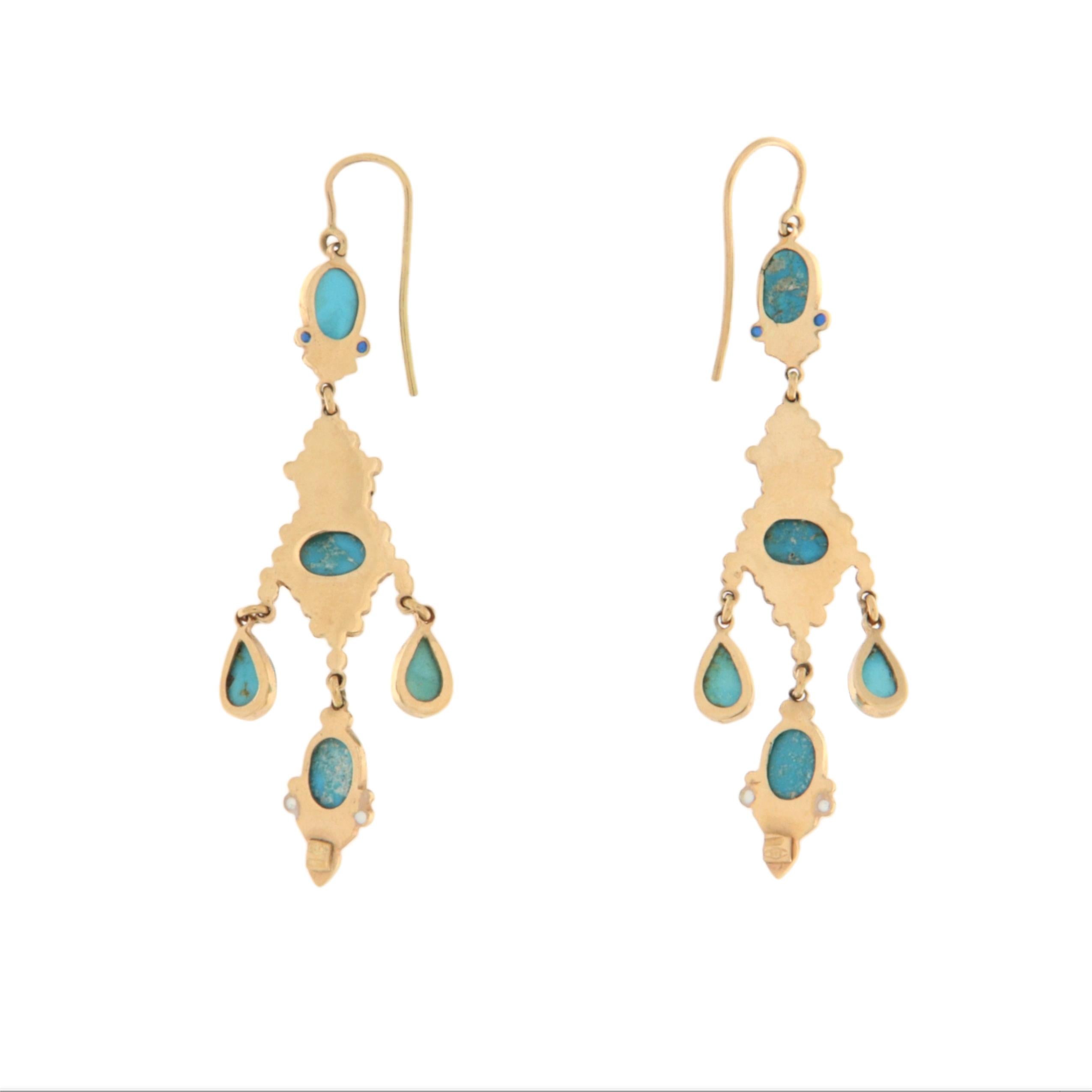 Taille ovale Pendants d'oreilles en or jaune 14 carats et turquoise en vente