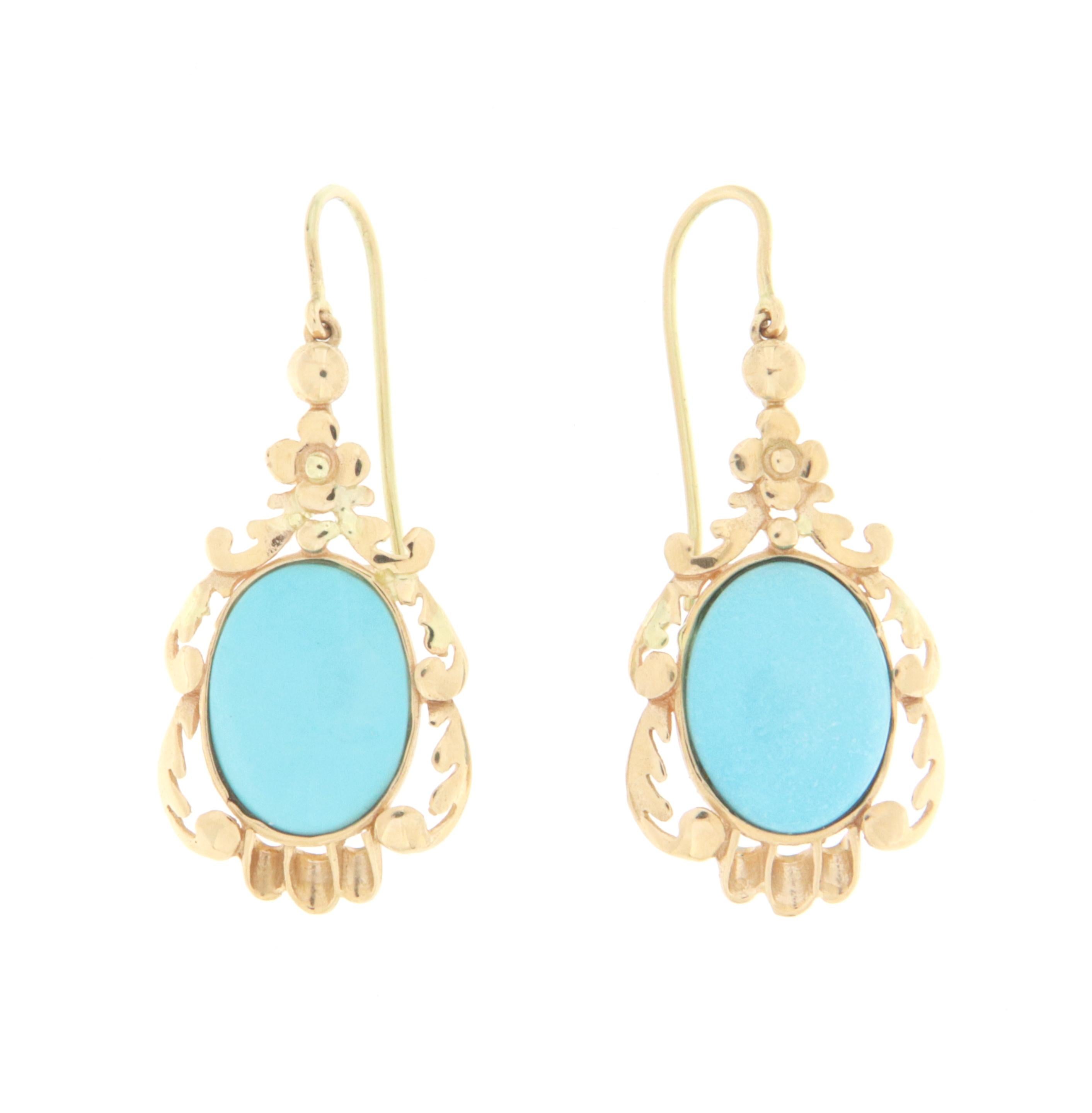 Turquoise 14 Karat Yellow Gold Drop Earrings In New Condition For Sale In Marcianise, IT