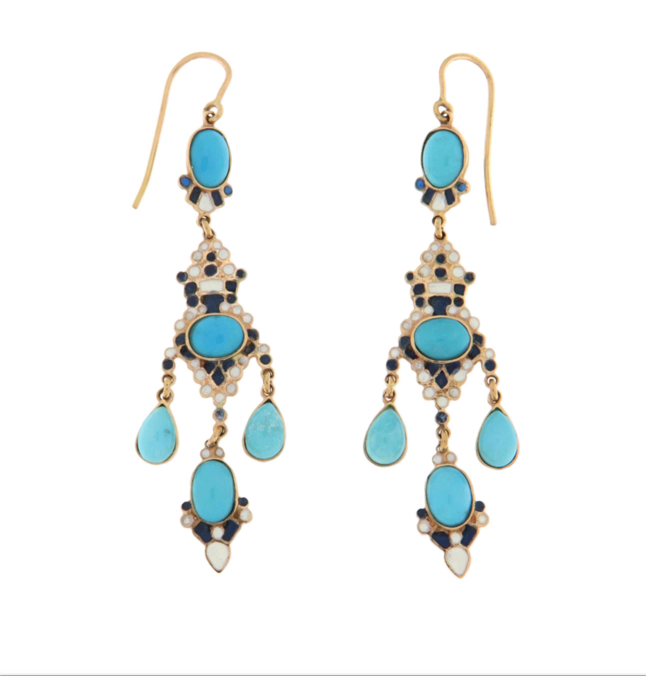 Pendants d'oreilles en or jaune 14 carats et turquoise Neuf - En vente à Marcianise, IT