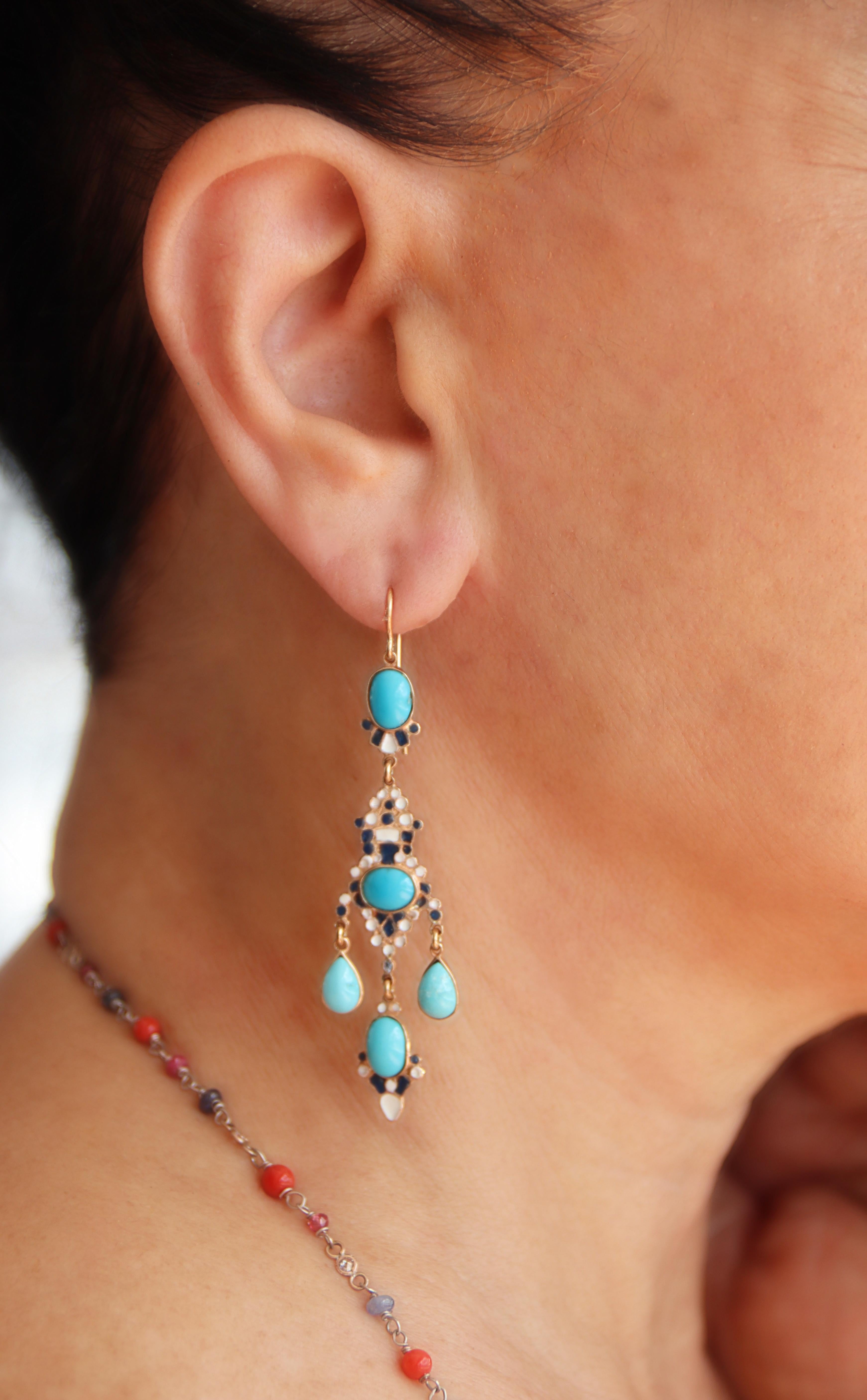 Donna Orecchini a goccia in oro giallo 14 carati con turchese in vendita