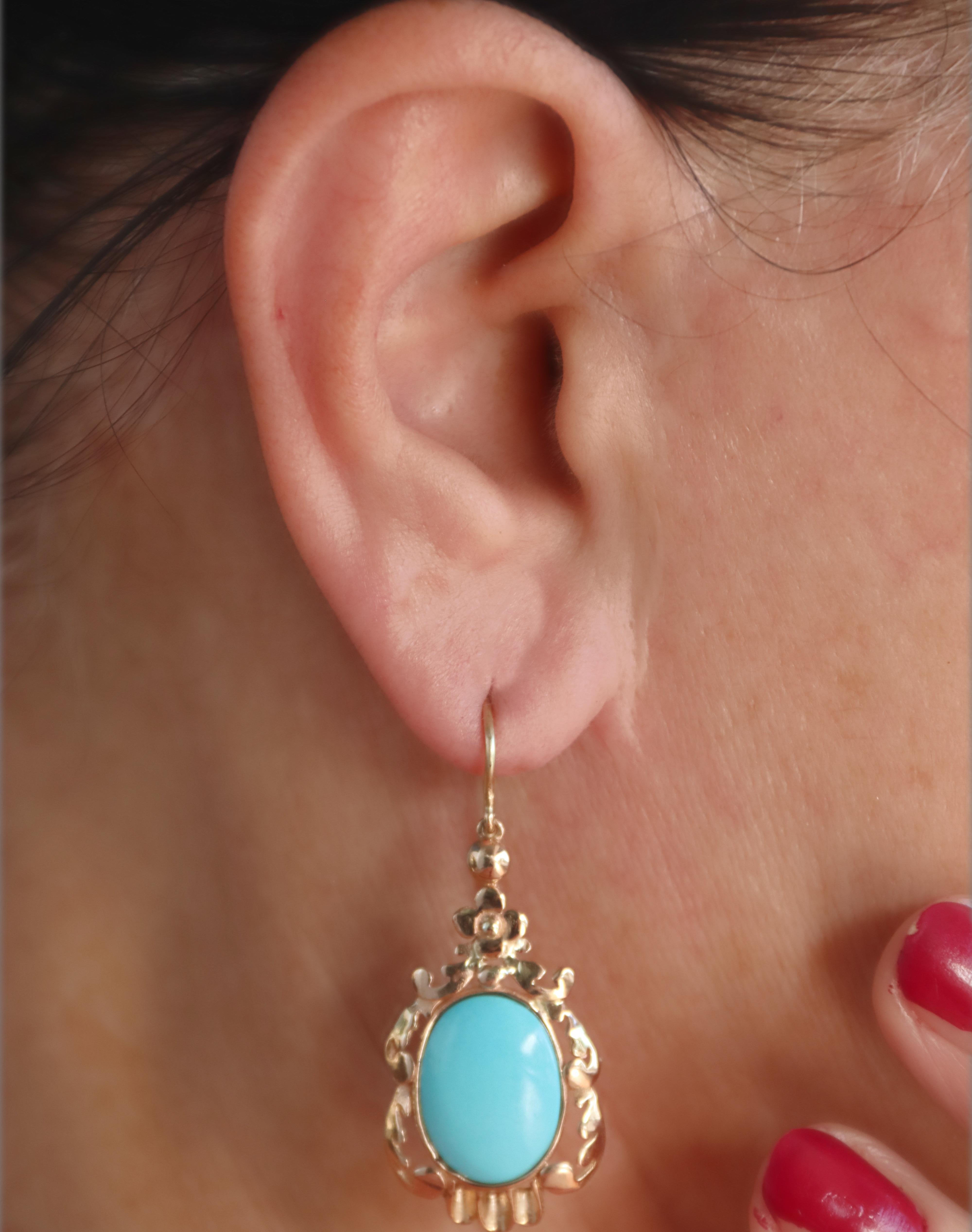 Turquoise 14 Karat Yellow Gold Drop Earrings For Sale 1