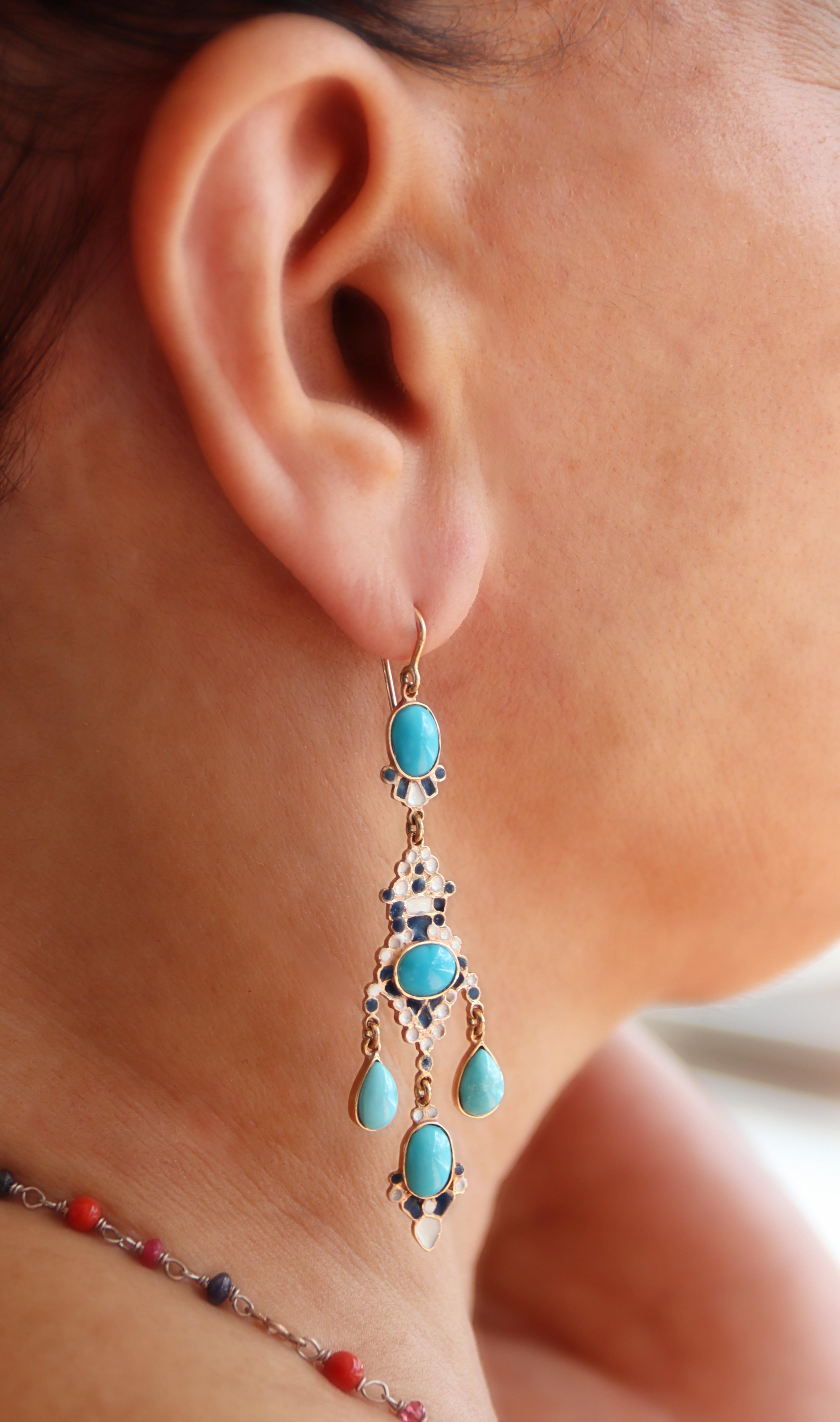 Orecchini a goccia in oro giallo 14 carati con turchese in vendita 1