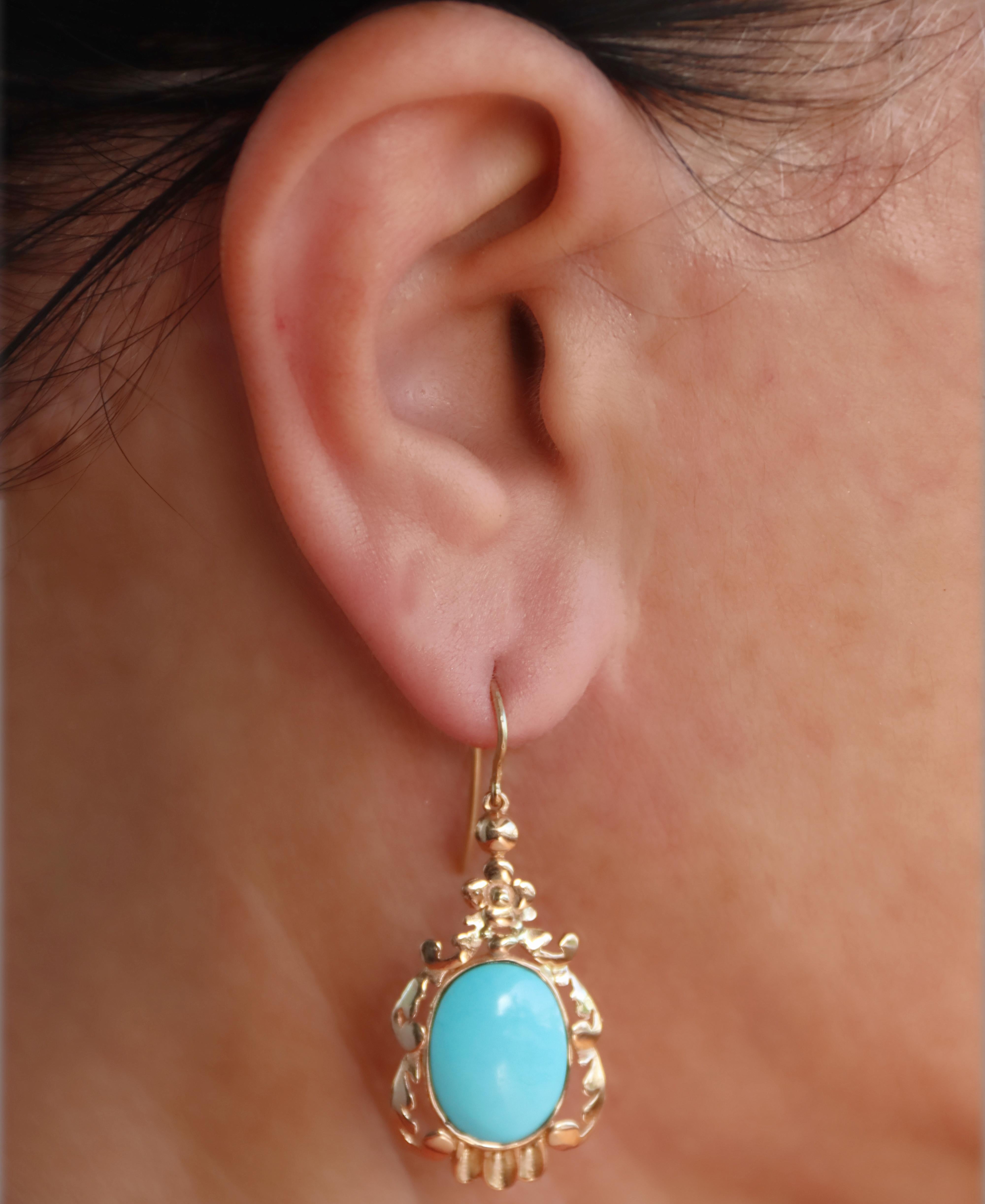 Turquoise 14 Karat Yellow Gold Drop Earrings For Sale 2