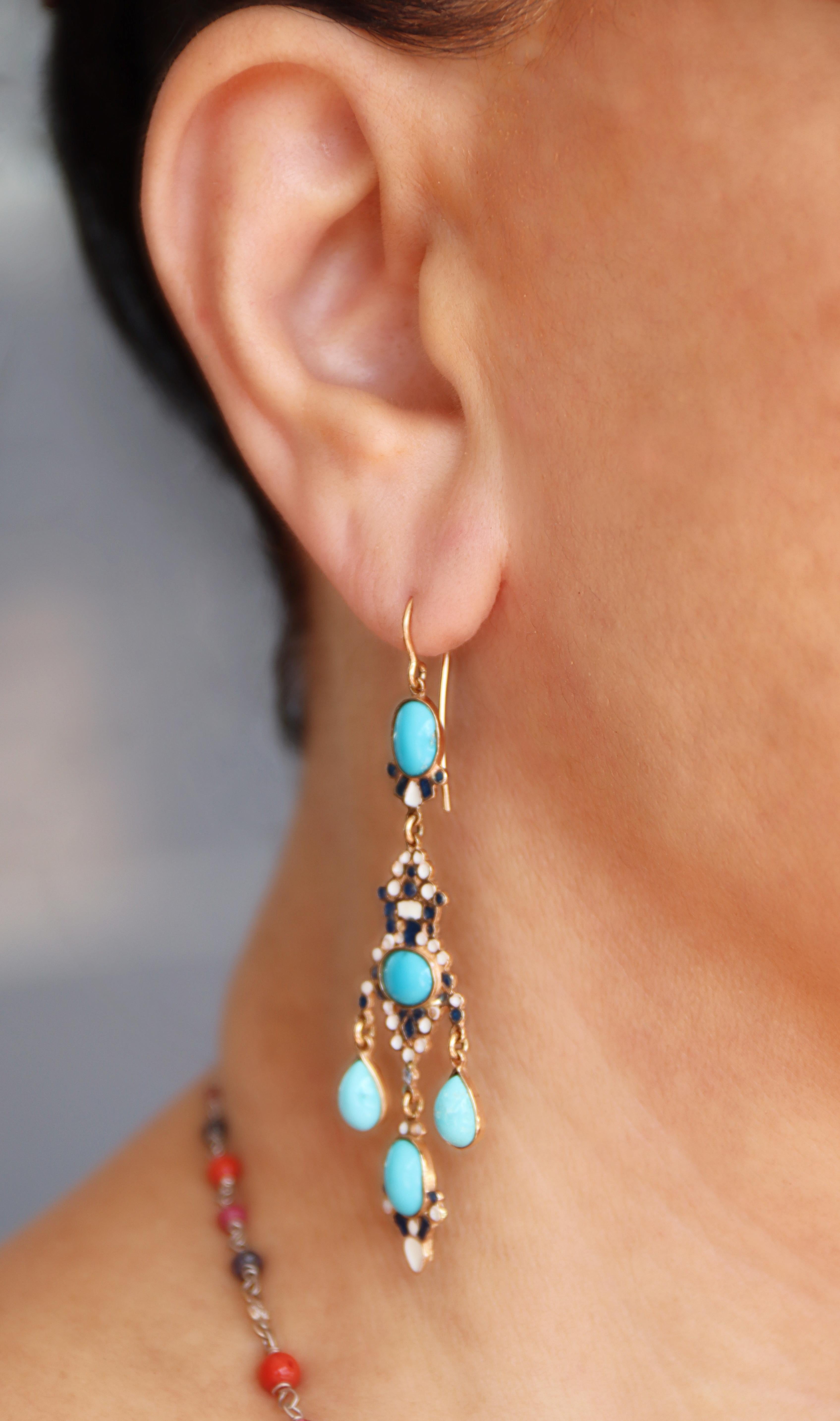 Orecchini a goccia in oro giallo 14 carati con turchese in vendita 2