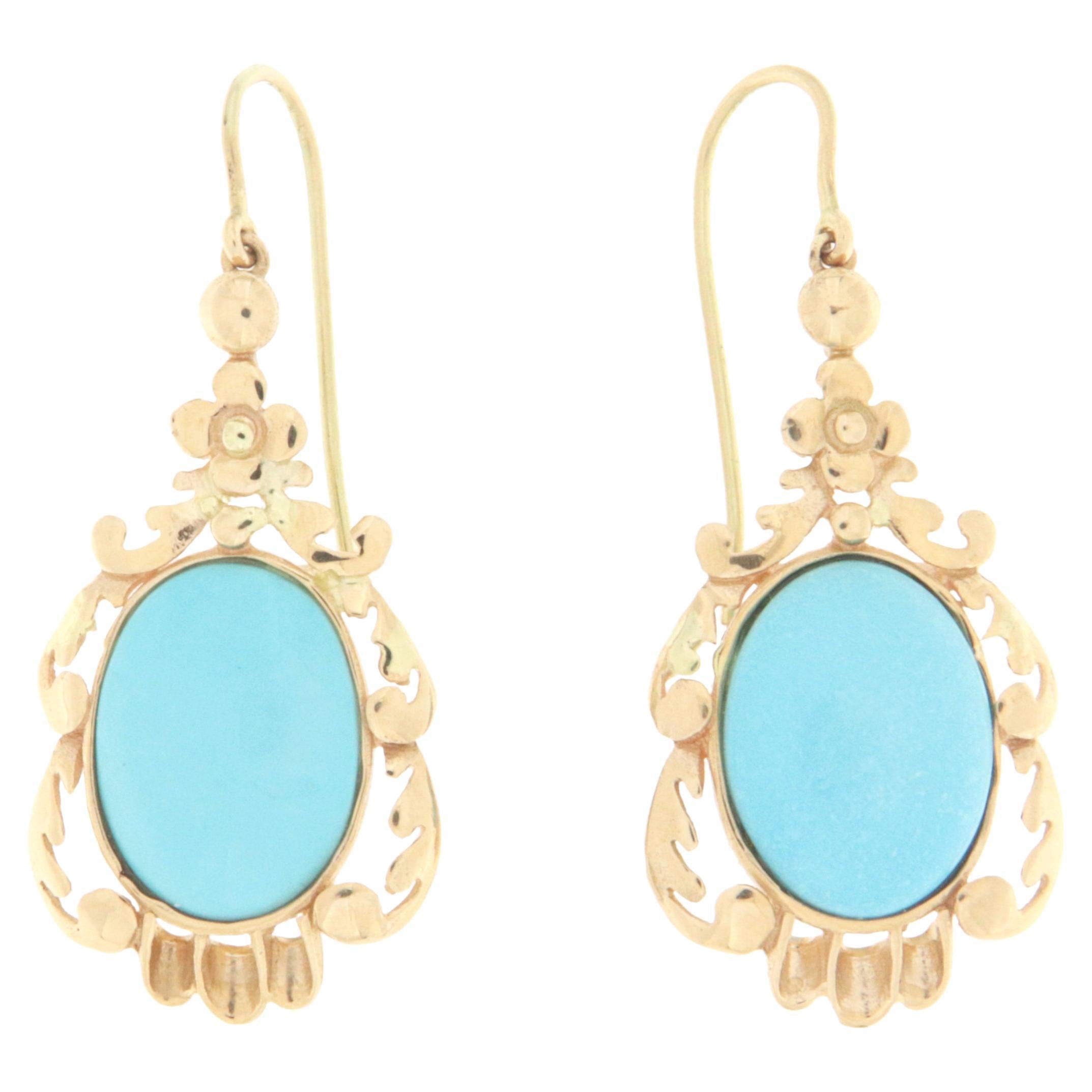 Turquoise 14 Karat Yellow Gold Drop Earrings For Sale