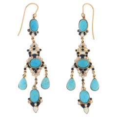 Pendants d'oreilles en or jaune 14 carats et turquoise