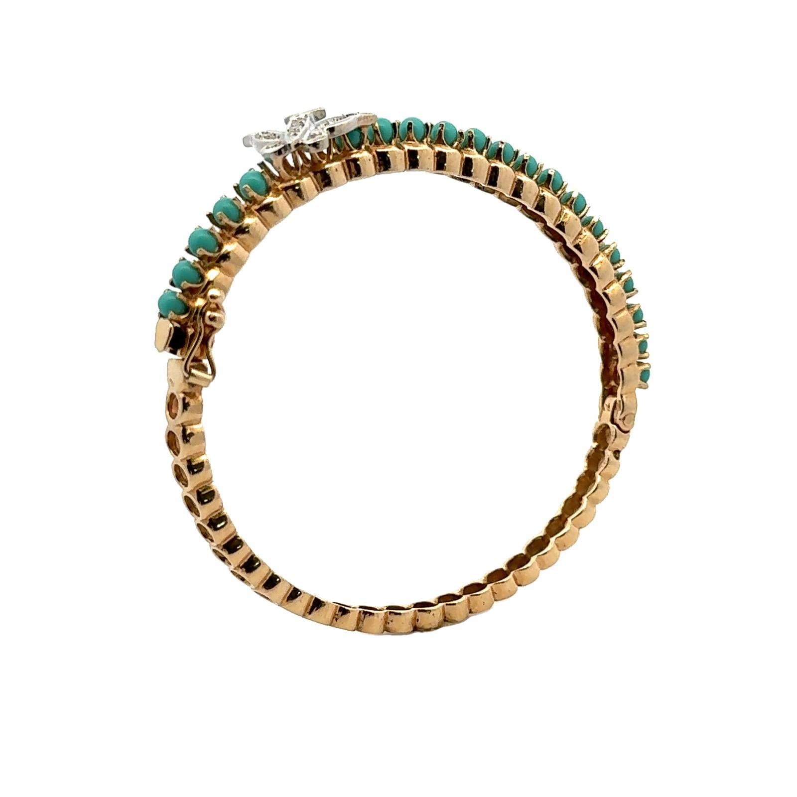 Türkis 14 Karat Gelbgold Scharnier-Armreif Armband mit Scharnier Diamant Schmetterlingsakzent (Moderne)