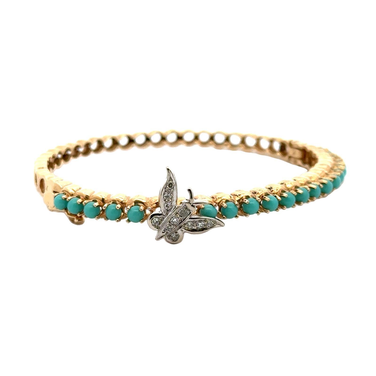 Türkis 14 Karat Gelbgold Scharnier-Armreif Armband mit Scharnier Diamant Schmetterlingsakzent (Perle)