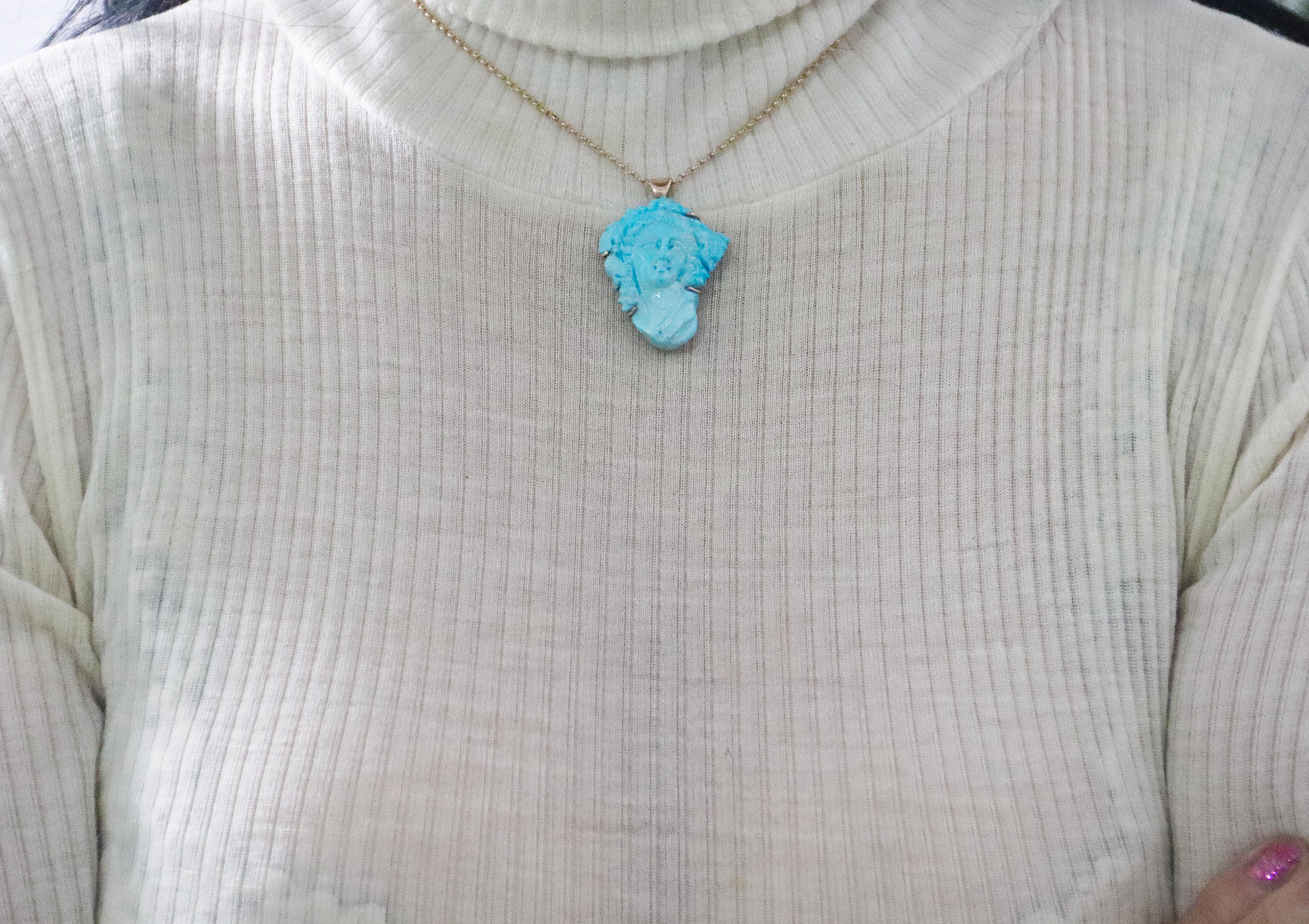 Turquoise 14 Karat Yellow Gold Pendant Necklace For Sale 1