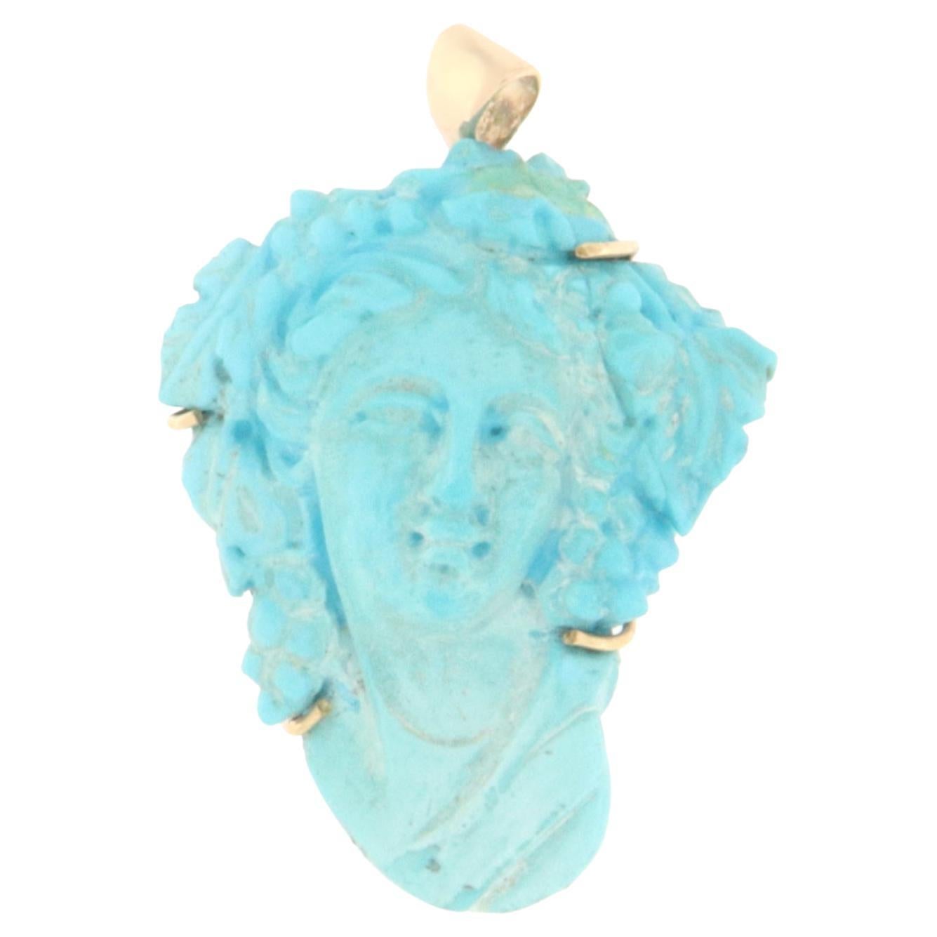 Turquoise 14 Karat Yellow Gold Pendant Necklace For Sale