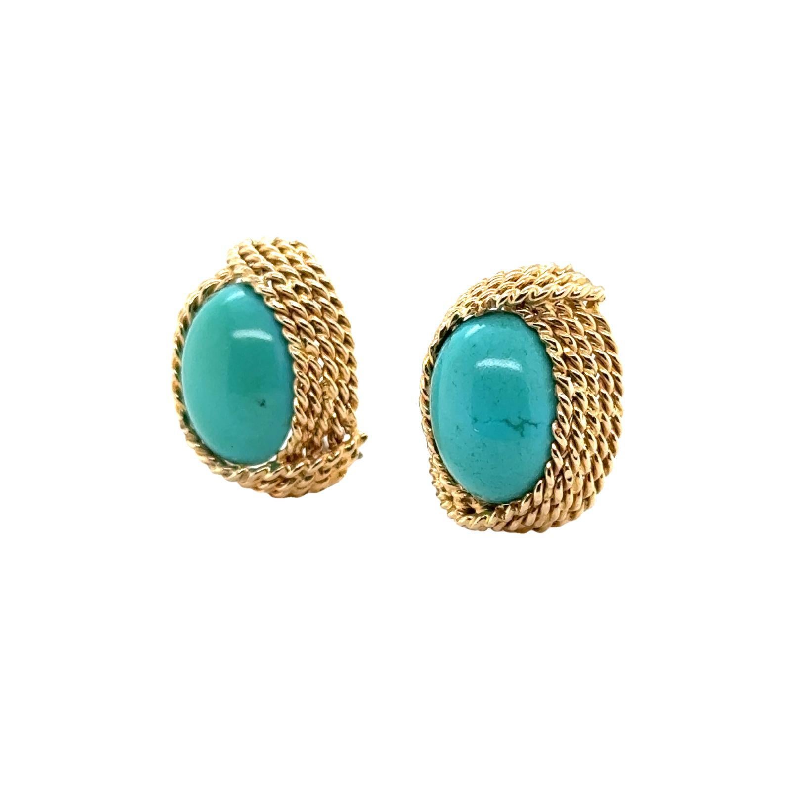 Contemporary Turquoise 14 Karat Yellow Gold Rope Design Vintage Earclip Earrings