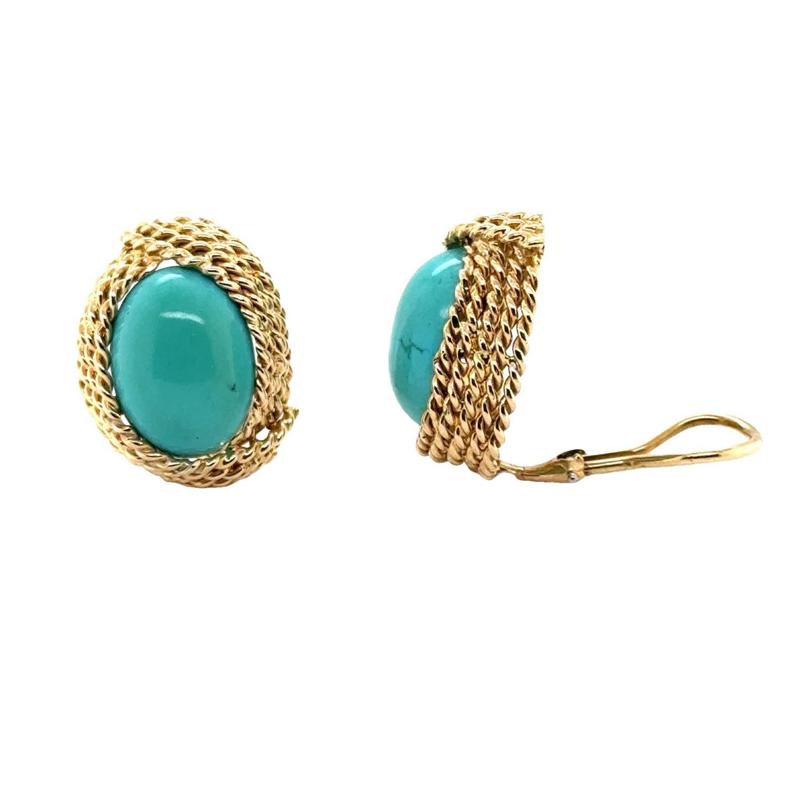Women's Turquoise 14 Karat Yellow Gold Rope Design Vintage Earclip Earrings