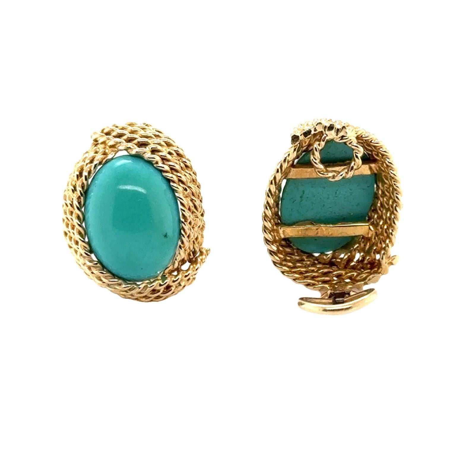 Turquoise 14 Karat Yellow Gold Rope Design Vintage Earclip Earrings 1