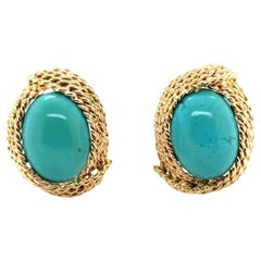 Turquoise 14 Karat Yellow Gold Rope Design Vintage Earclip Earrings