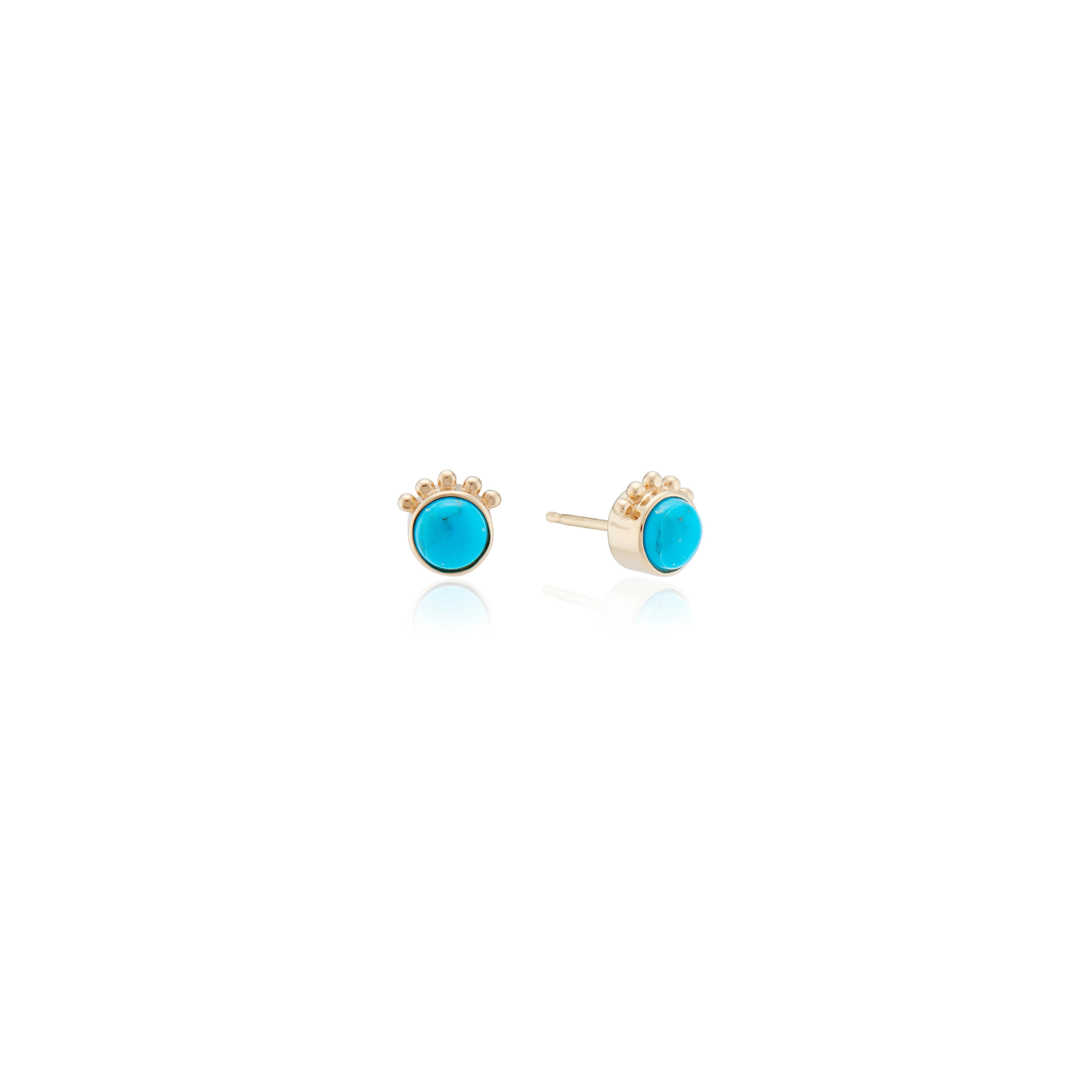 These Marlo Laz 14 Karat yellow gold turquoise squash blossom studs are inspired by the southwest and an ode to Native American Navajo jewelry. 
From the Desert Rising collection, these earrings are available for special order in alternative