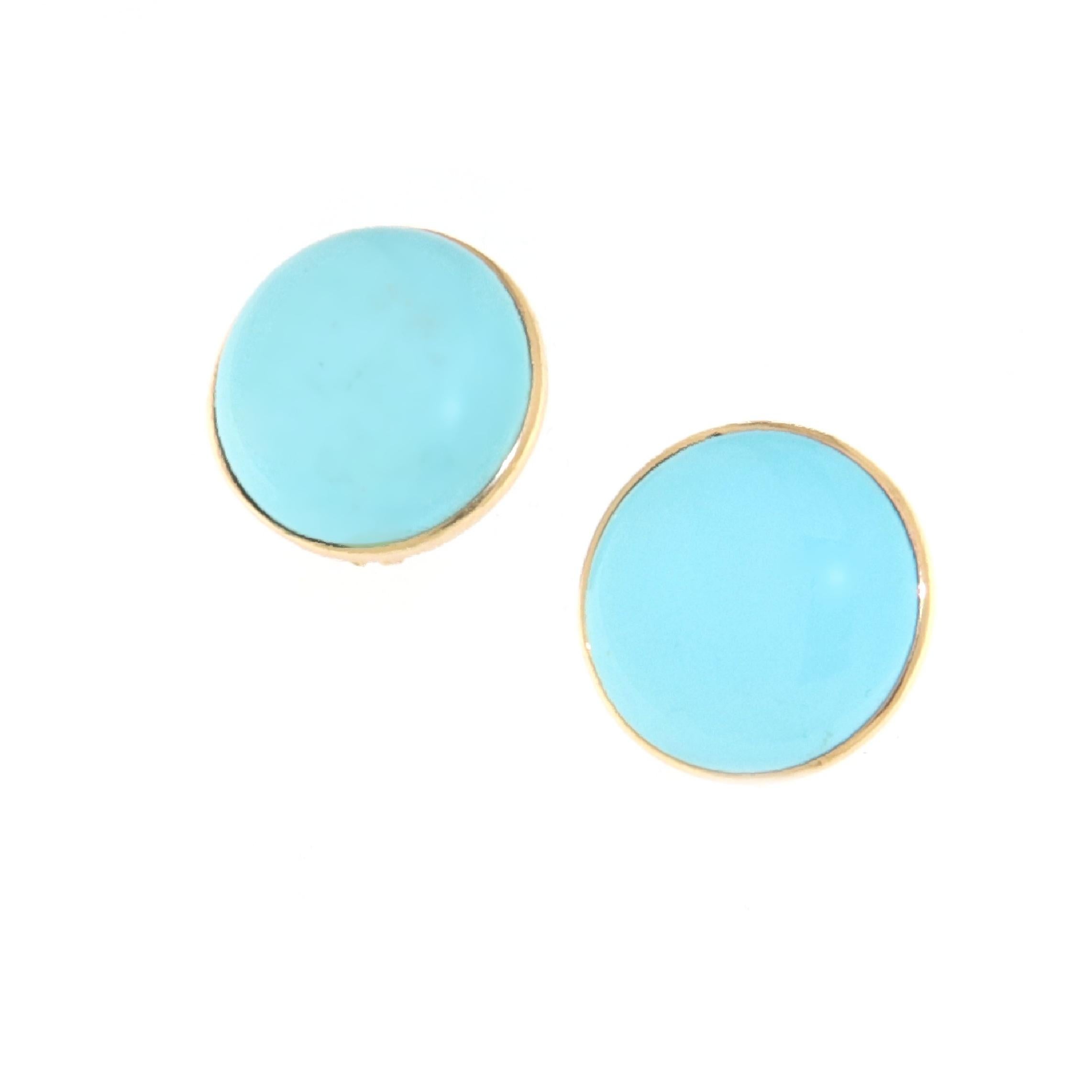 These classic 14-karat yellow gold earrings exude timeless elegance with their simple yet stunning design. Each earring features a smooth, rounded button of natural Arizona turquoise, celebrated for its exquisite sky-blue hue. The turquoise is