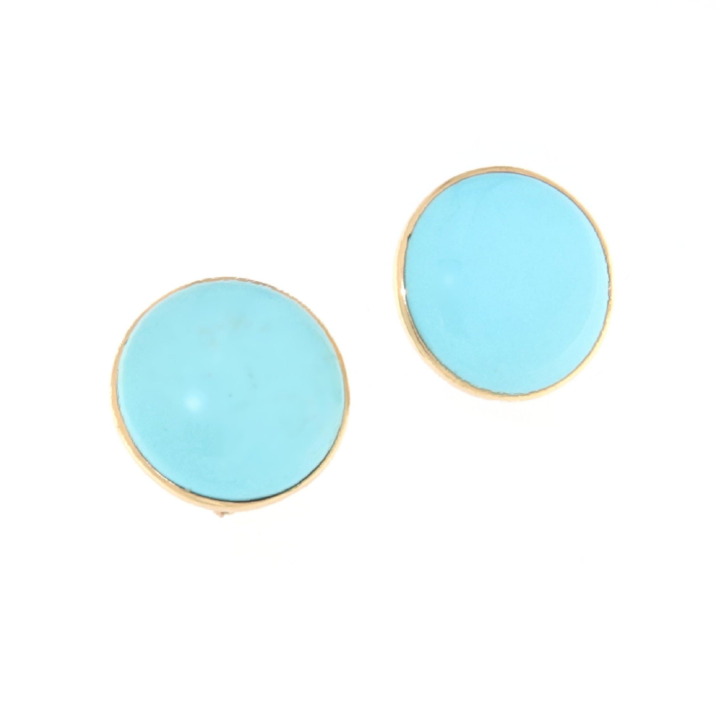 Artisan Turquoise 14 Karat Yellow Gold Stud Earrings For Sale