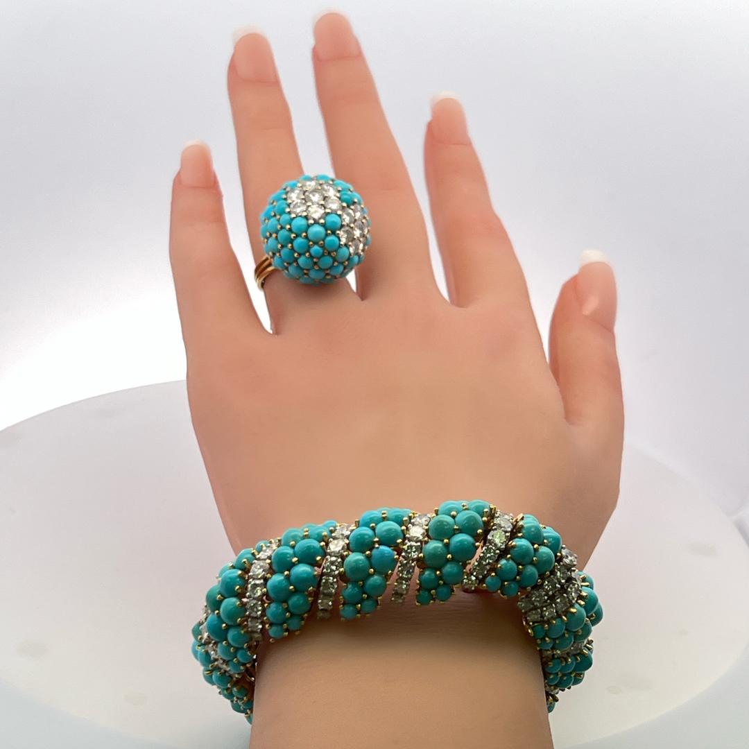 Bracelet et bague en or jaune 18K avec turquoise et diamant 14.22ct G VS en vente 5