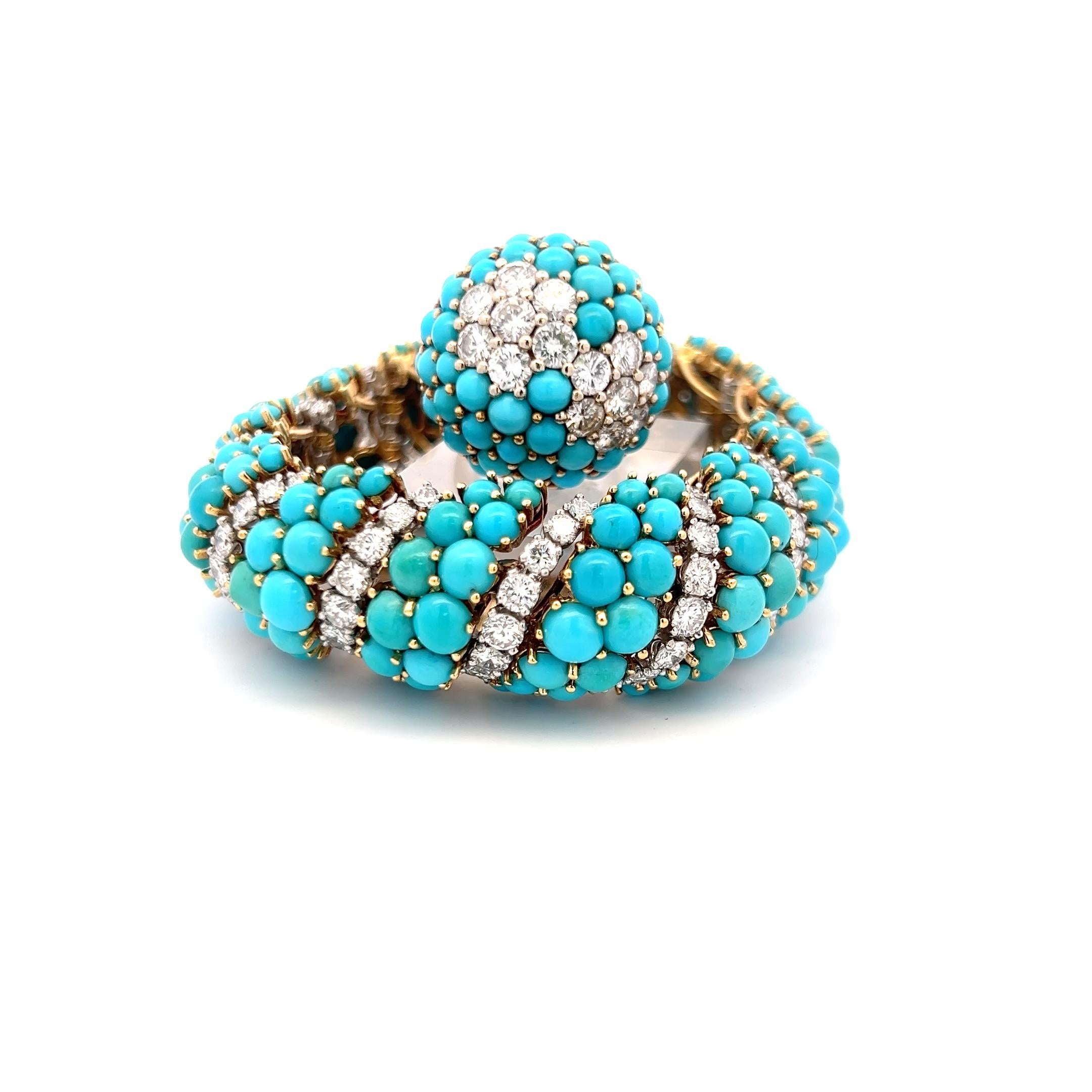 Bracelet et bague en or jaune 18K avec turquoise et diamant 14.22ct G VS en vente 9