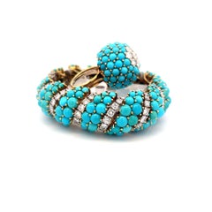 Bracelet et bague en or jaune 18K avec turquoise et diamant 14.22ct G VS