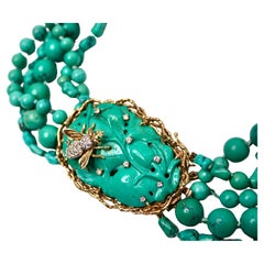 Turquoise 14k Gold & Diamond Bee Motif Multi-Strand Beaded Necklace circa 1970s