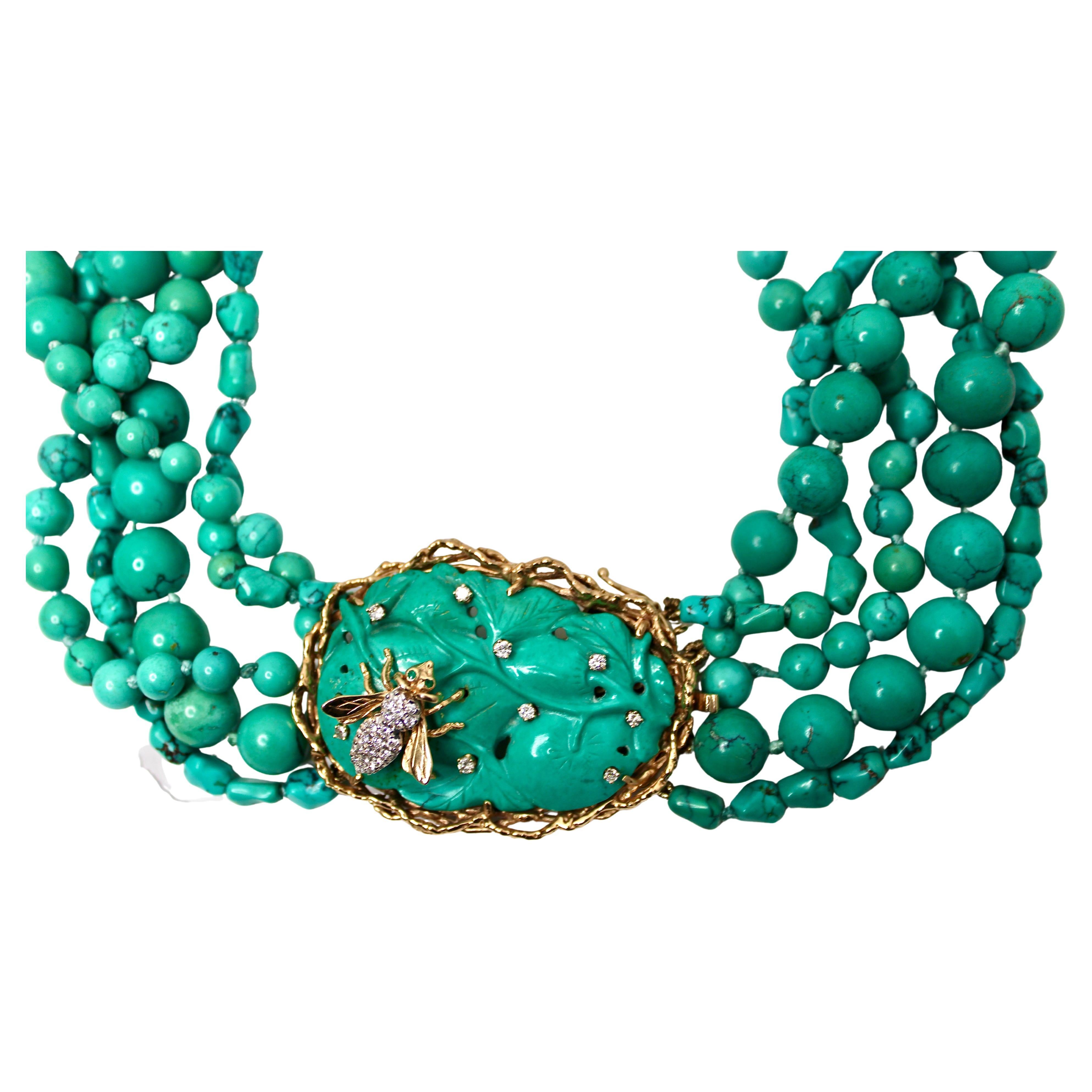 Collana di perline con motivo ape in turchese, oro 14k e diamanti, circa anni '70 In condizioni buone in vendita a Scottsdale, AZ