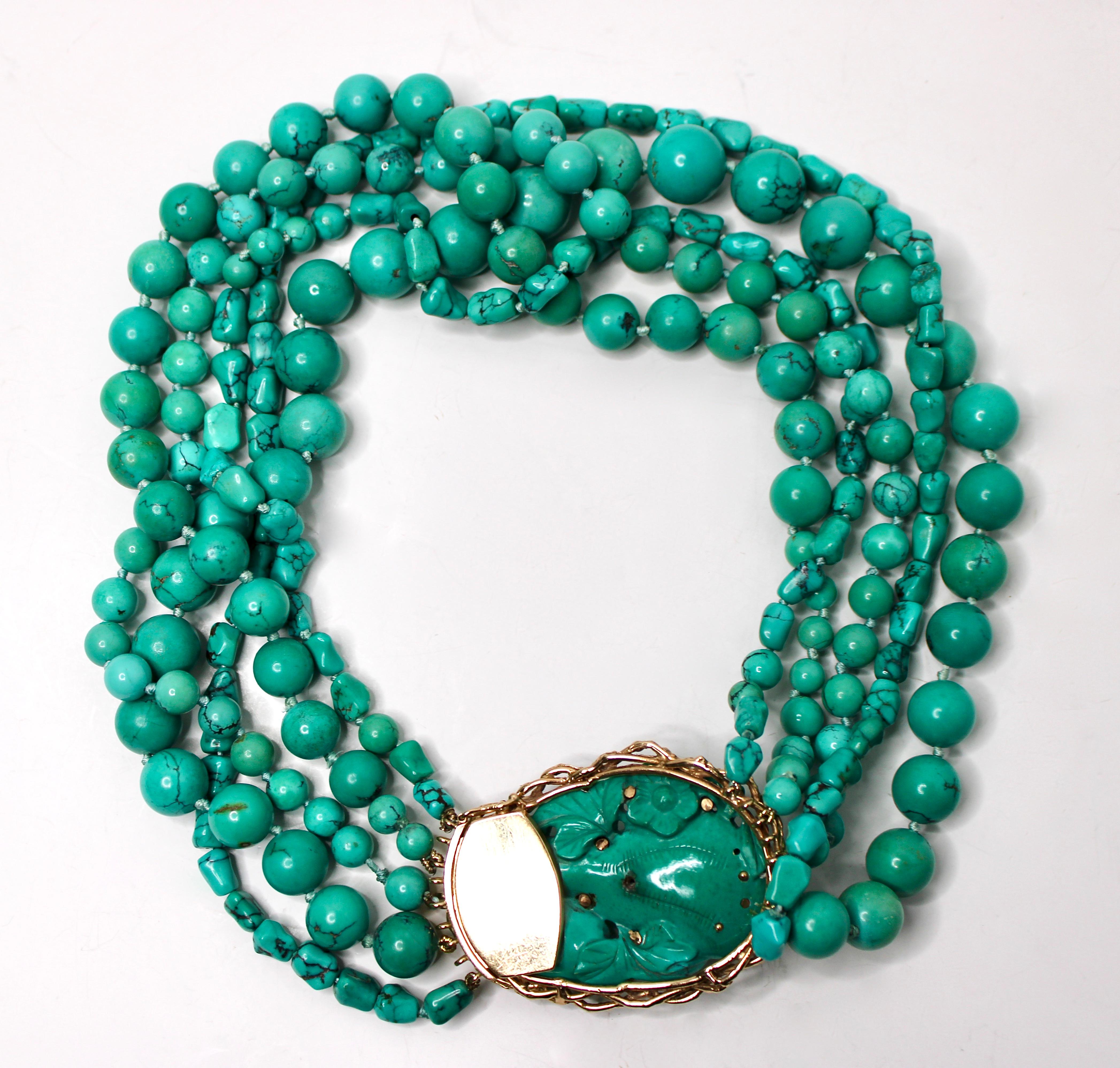 Collana di perline con motivo ape in turchese, oro 14k e diamanti, circa anni '70 in vendita 1