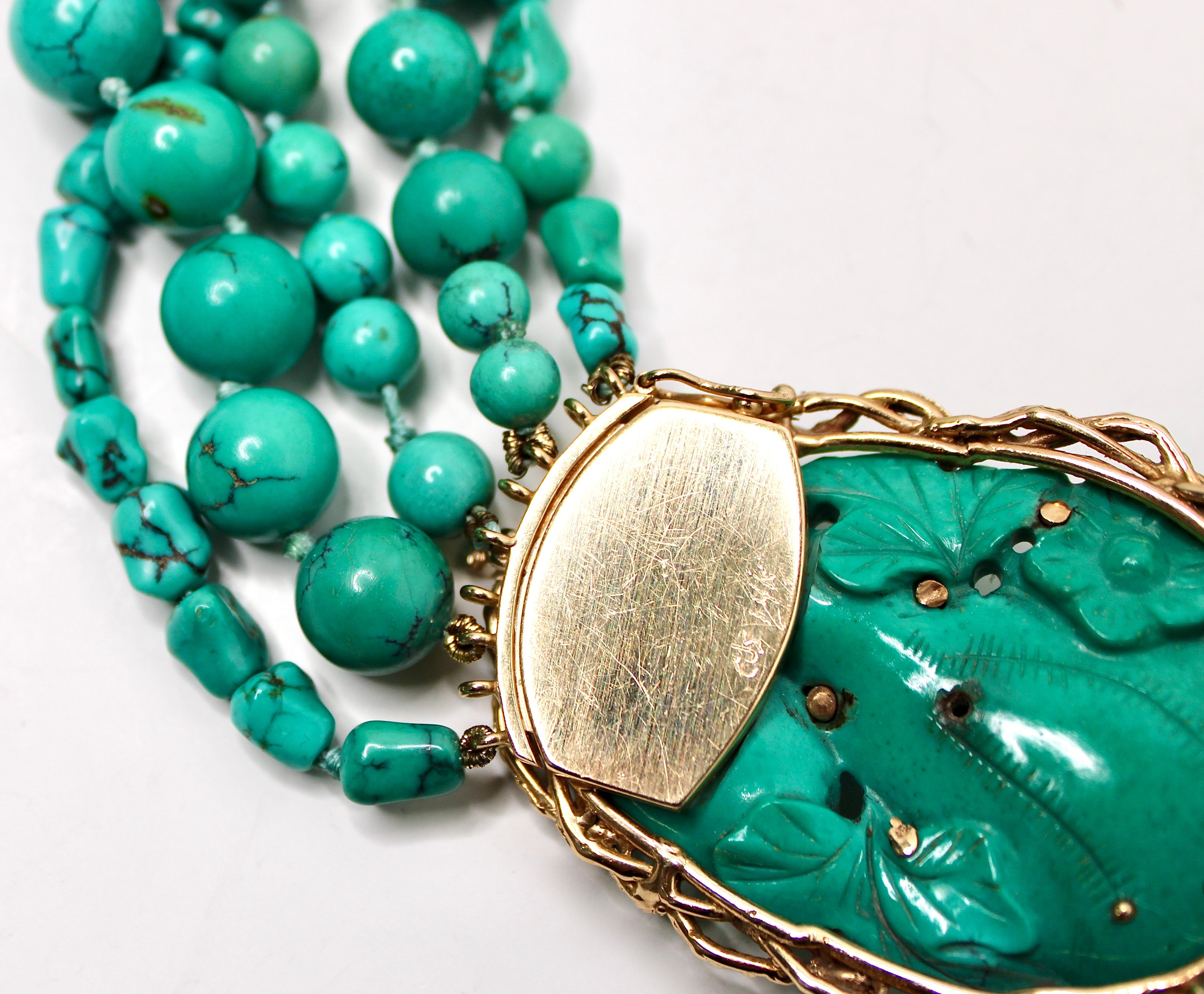 Collana di perline con motivo ape in turchese, oro 14k e diamanti, circa anni '70 in vendita 2