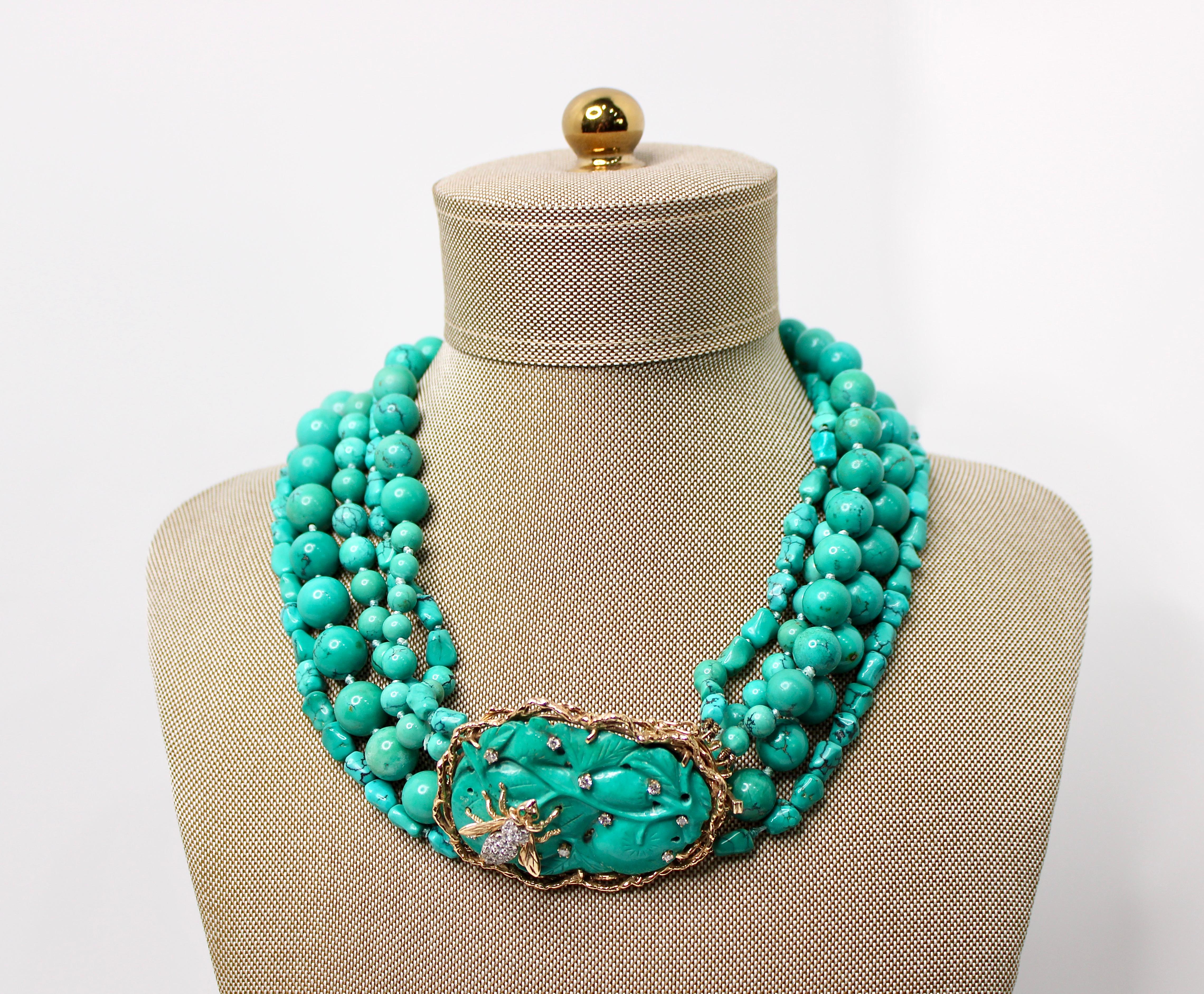 Collana di perline con motivo ape in turchese, oro 14k e diamanti, circa anni '70 in vendita 3