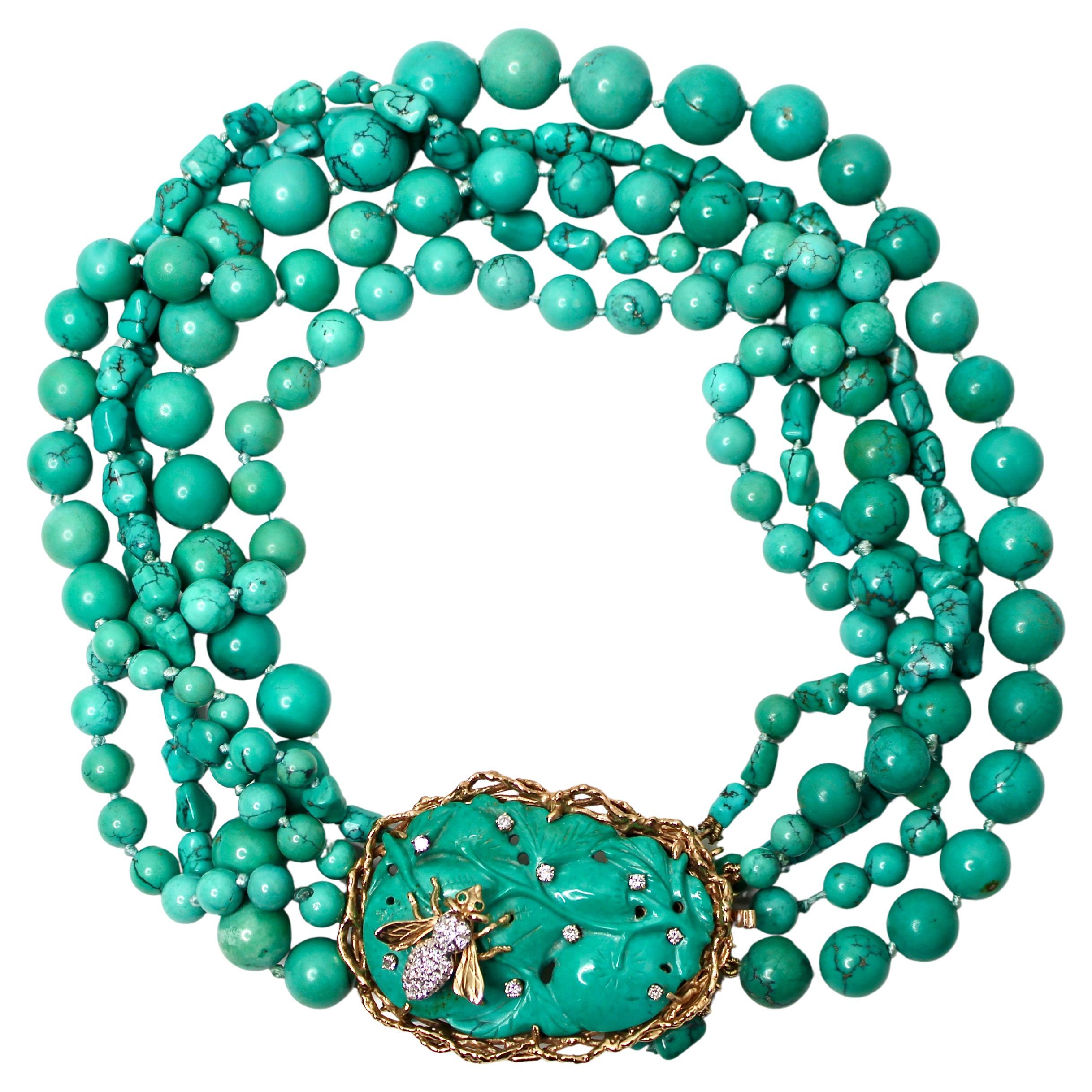 Turquoise 14k Gold
Diamond Bee Motif Multi-Strand Beaded Necklace circa 1970s