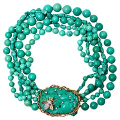 Turquoise 14k Gold 
Diamond Bee Motif Multi-Strand Beaded Necklace circa 1970s