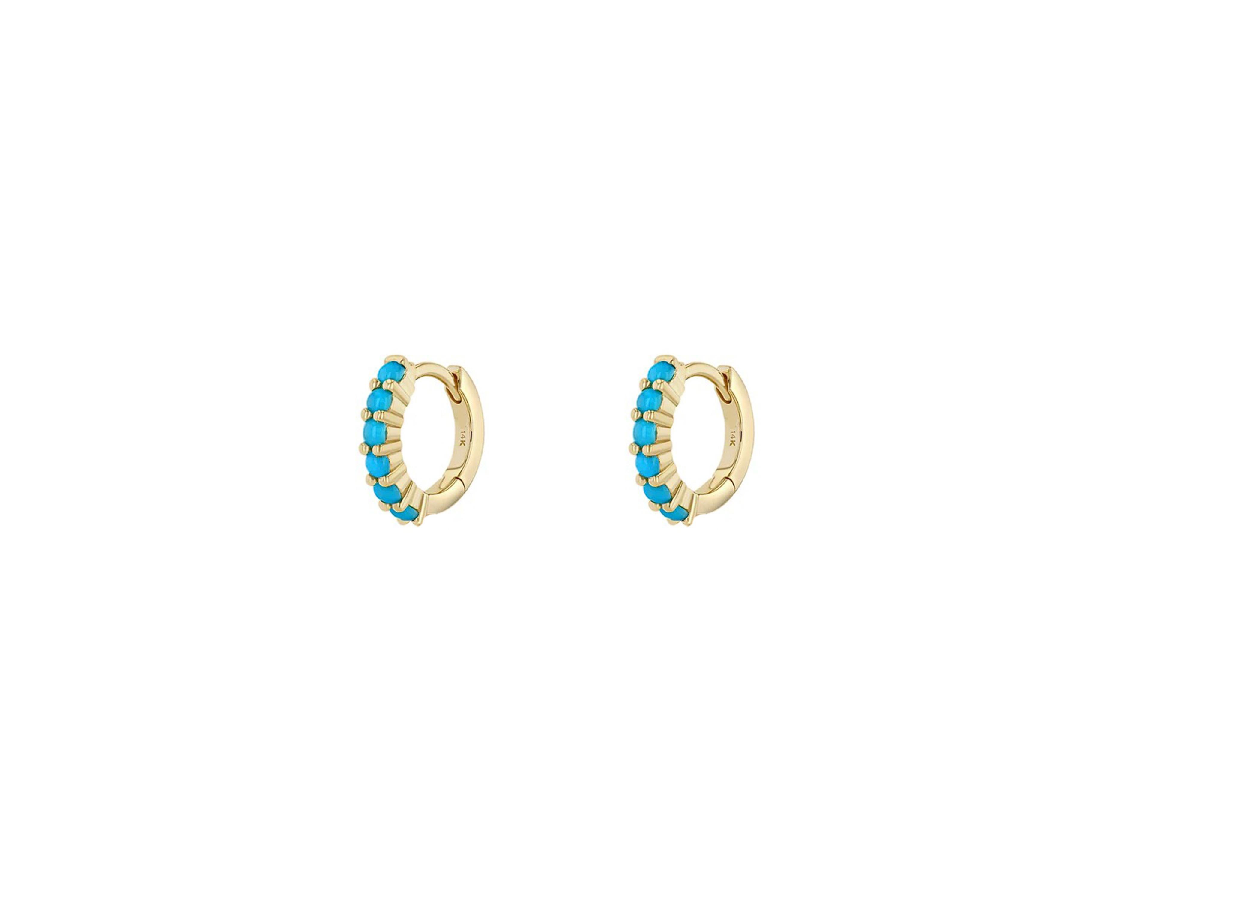Turquoise 14k Gold Huggy Hoop Earrings. Hoop Earrings with blue gemstones. 13MM turquoise Huggie Earrings. Huggies, Gold Tiny Hoops. Half Eternity Hoop Earrings

Metal: 14kt solid gold
Earring size:
The Inner diameter of Earrings: 10MM
The Outer