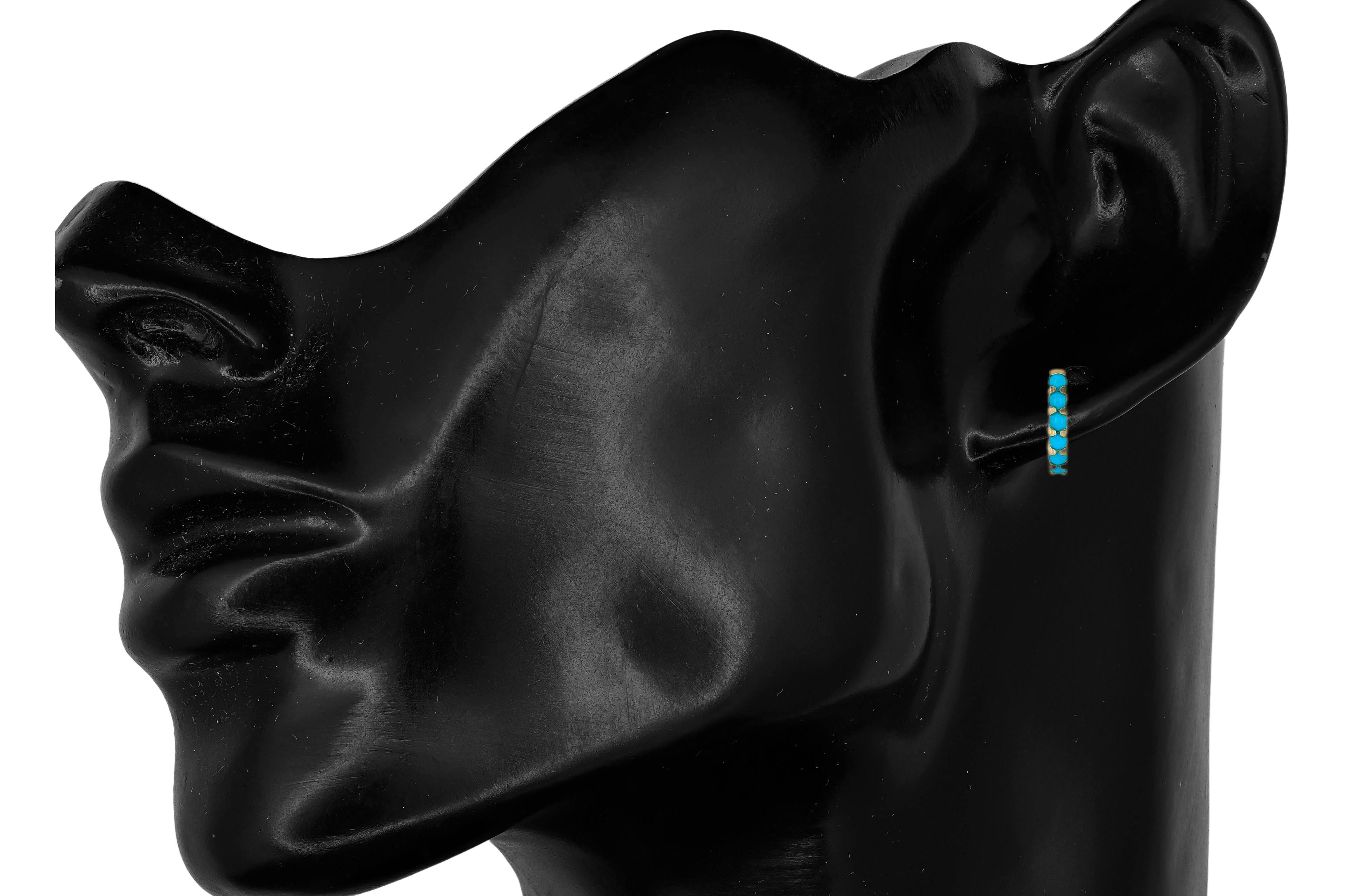 Round Cut Turquoise 14k Gold Huggy Hoop Earrings. For Sale