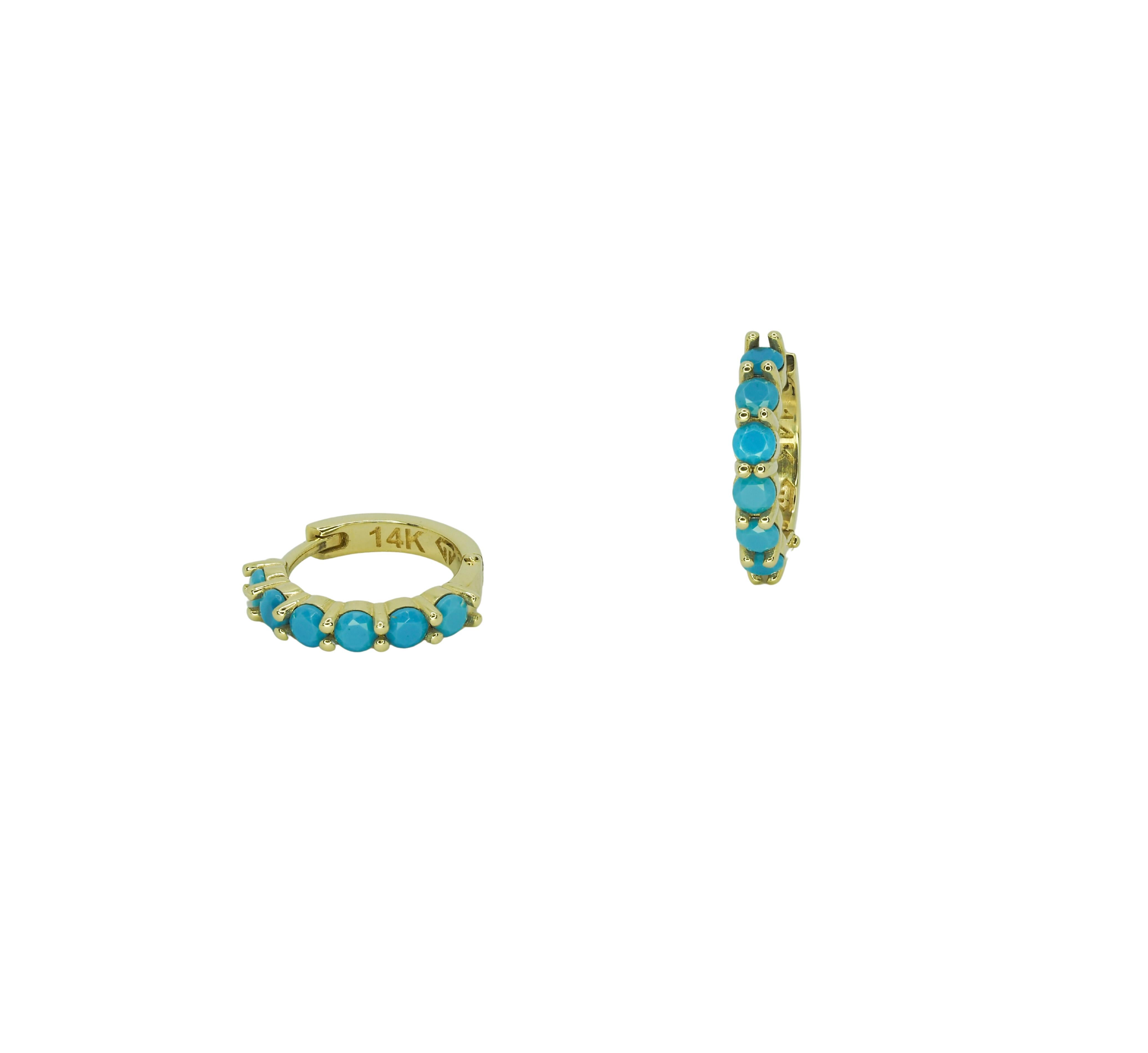 Türkis 14k Gold Huggy Creolen. (Rundschliff) im Angebot