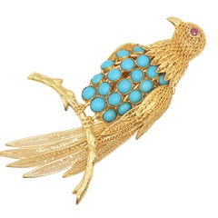 Turquoise 14K Yellow Gold Bird Brooch with Filigree Detail